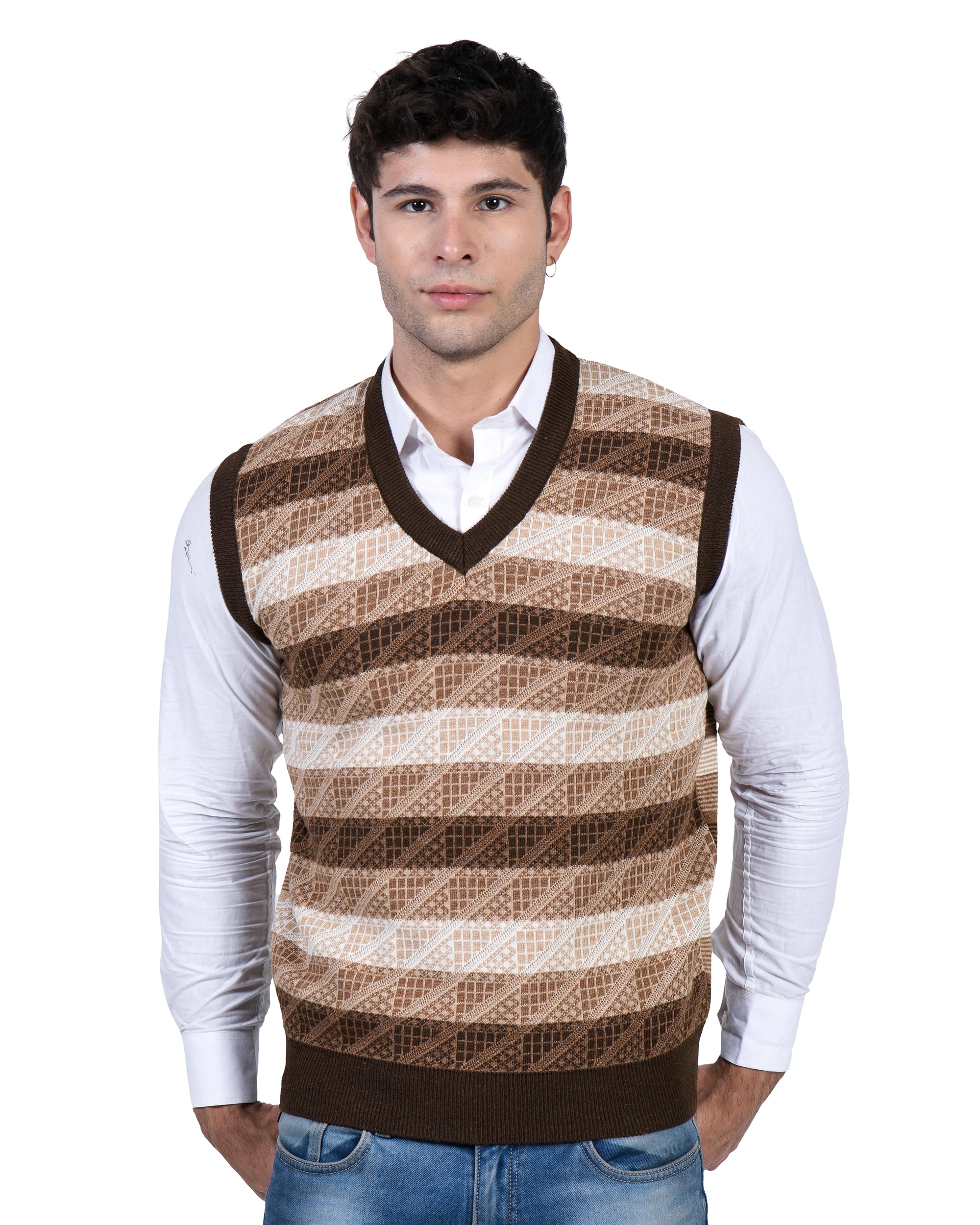 mont connett Men's Woolen V-Neck Printed Design Sleeveless Pullover Heavy Rainbow Fabric Winter Wear Pure Wool Sweater for Men Fully Warm Pullover Free Size-picture-32