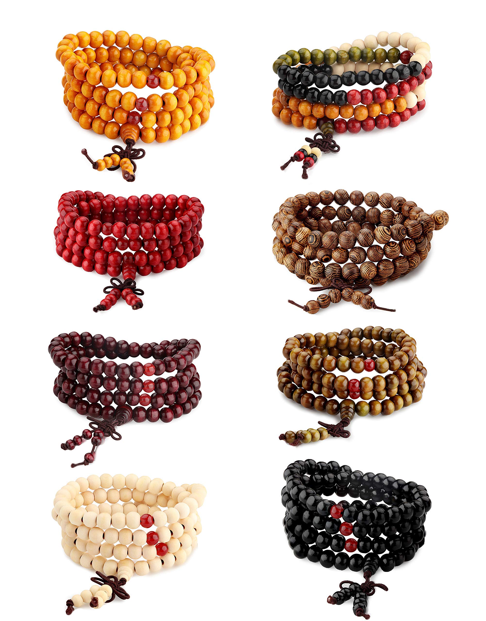 MILACOLATOWood Bracelet 108 Mala Bead Bracelets Buddhist Strand Wood Prayer Beads Sandalwood Link Wrist Necklace Chain for Men Women Chinese Knot 8pcs