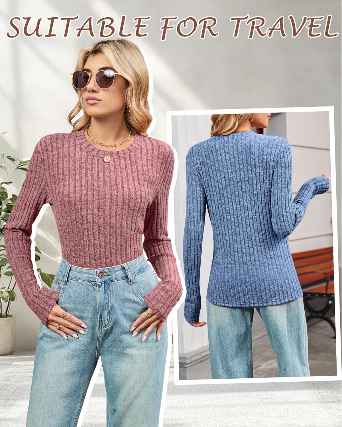 3 Pack Women's Fitted Ribbed Sweaters Tops, Long Sleeve Crew Neck Slim Fit Thermal Fall Winter Base Sweater - Image 2
