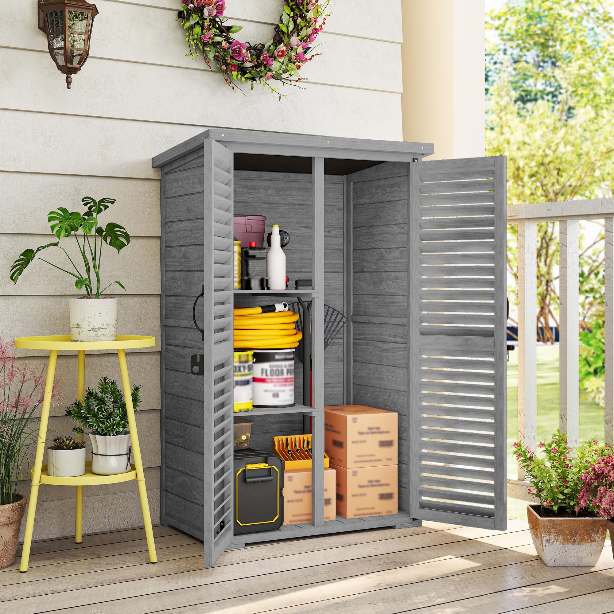 Outsunny - Armario de jardín para herramientas de madera, 2 estanterías tejado betún puertas persianas con cerradura 75 x 50 x 118 cm, color gris