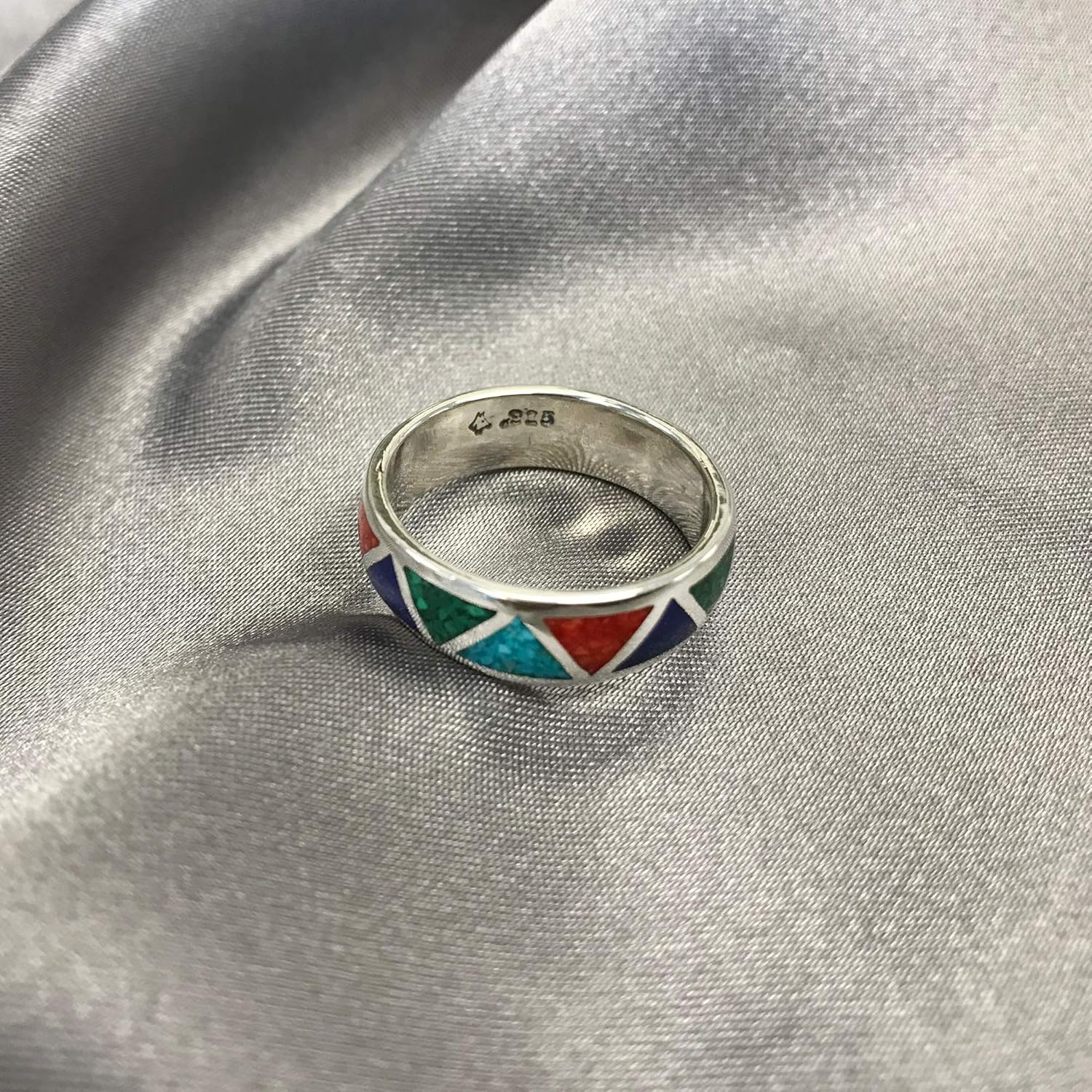 Southwestern Style Multi Gemstone 6mm Wedding Band Sterling Silver Ring 13