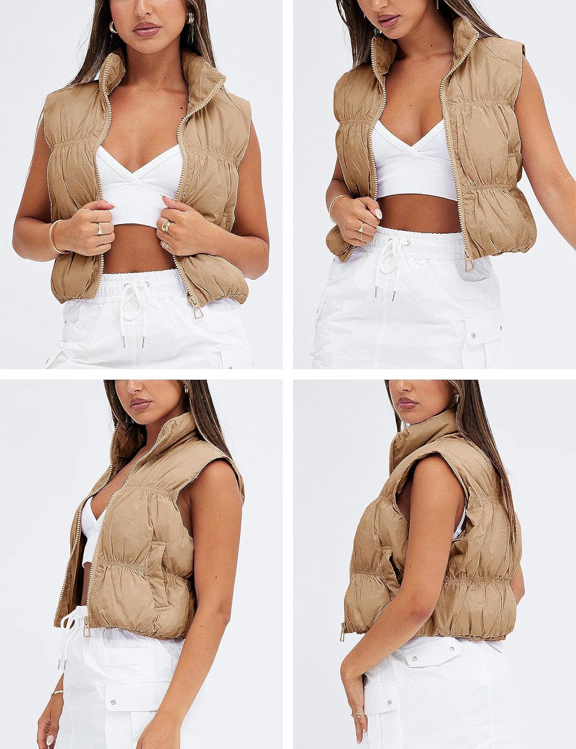 UANEO Womens Cropped Puffer Vest Zip Up Stand Collar Sleeveless Padded Cropped Vest - Image 2