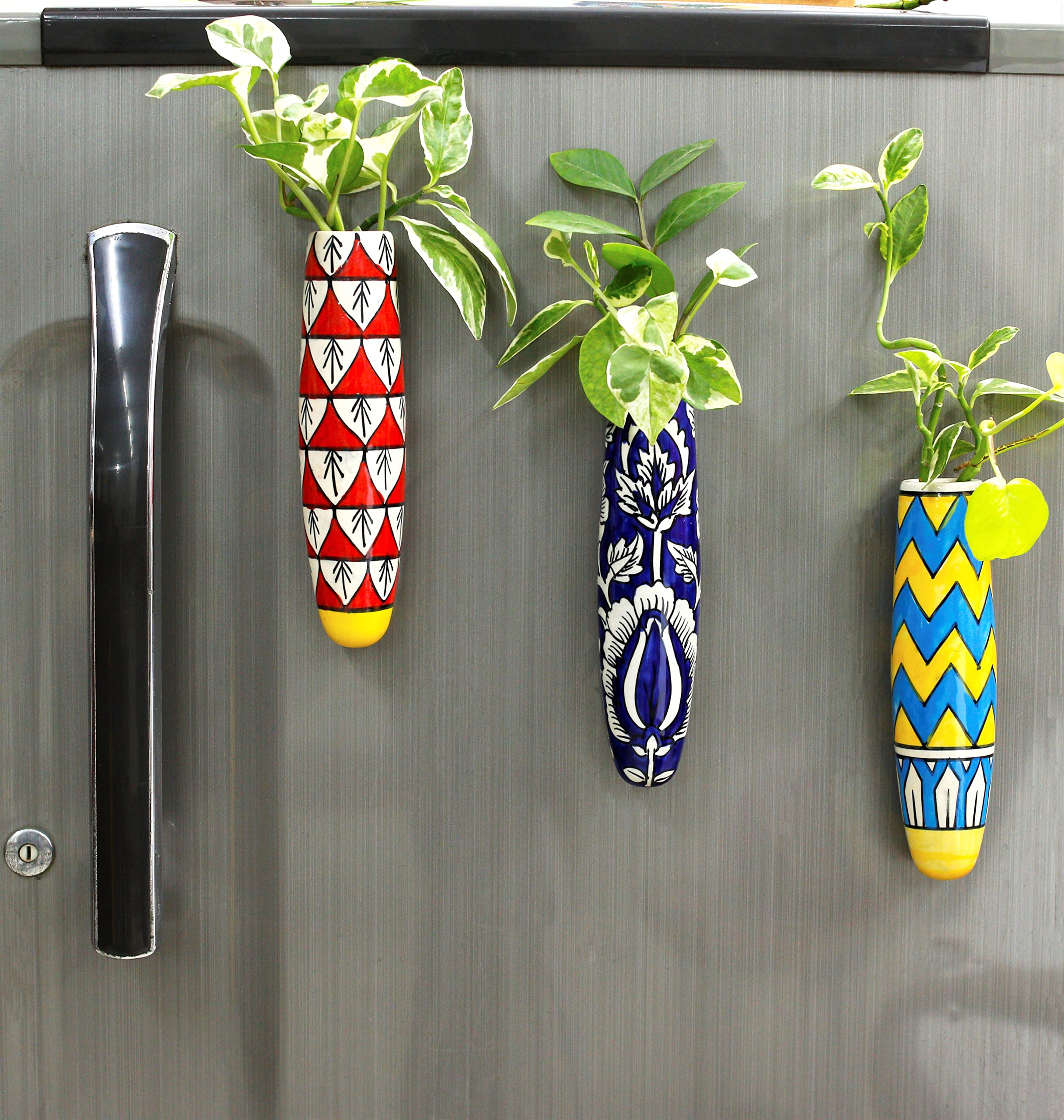 Lazy Gardener Magnetic Hydroponic Planter with cleaning brush | Unique ceramic fridge magnet - Handmade, handpainted (Set of 3, Multicolour)