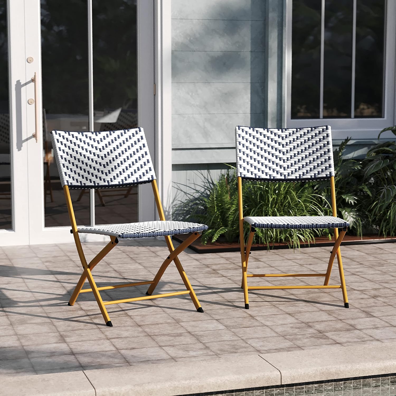 EMMA + OLIVER Ciel Two Piece Folding French Bistro Chairs - Navy and White PE Rattan - Natural Finish Metal Frames - Indoor/Outdoor Use