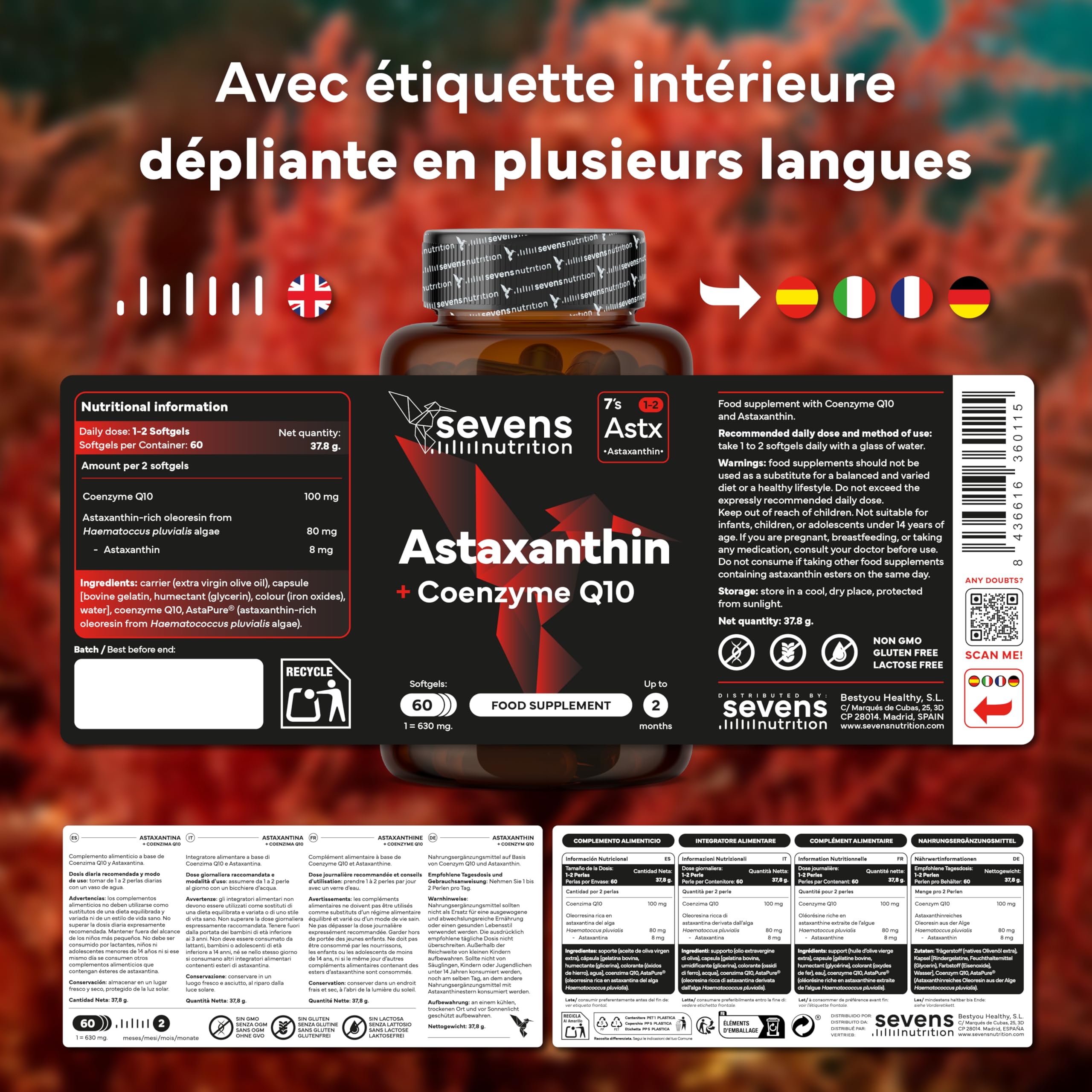 Astaxanthine Naturelle Astapure® avec Coenzyme Q10 et Huile d’Olive Vierge Extra – Antioxydants Puissants pour Yeux Peau Immunité – 60 Softgels Haute Absorption – Sevens