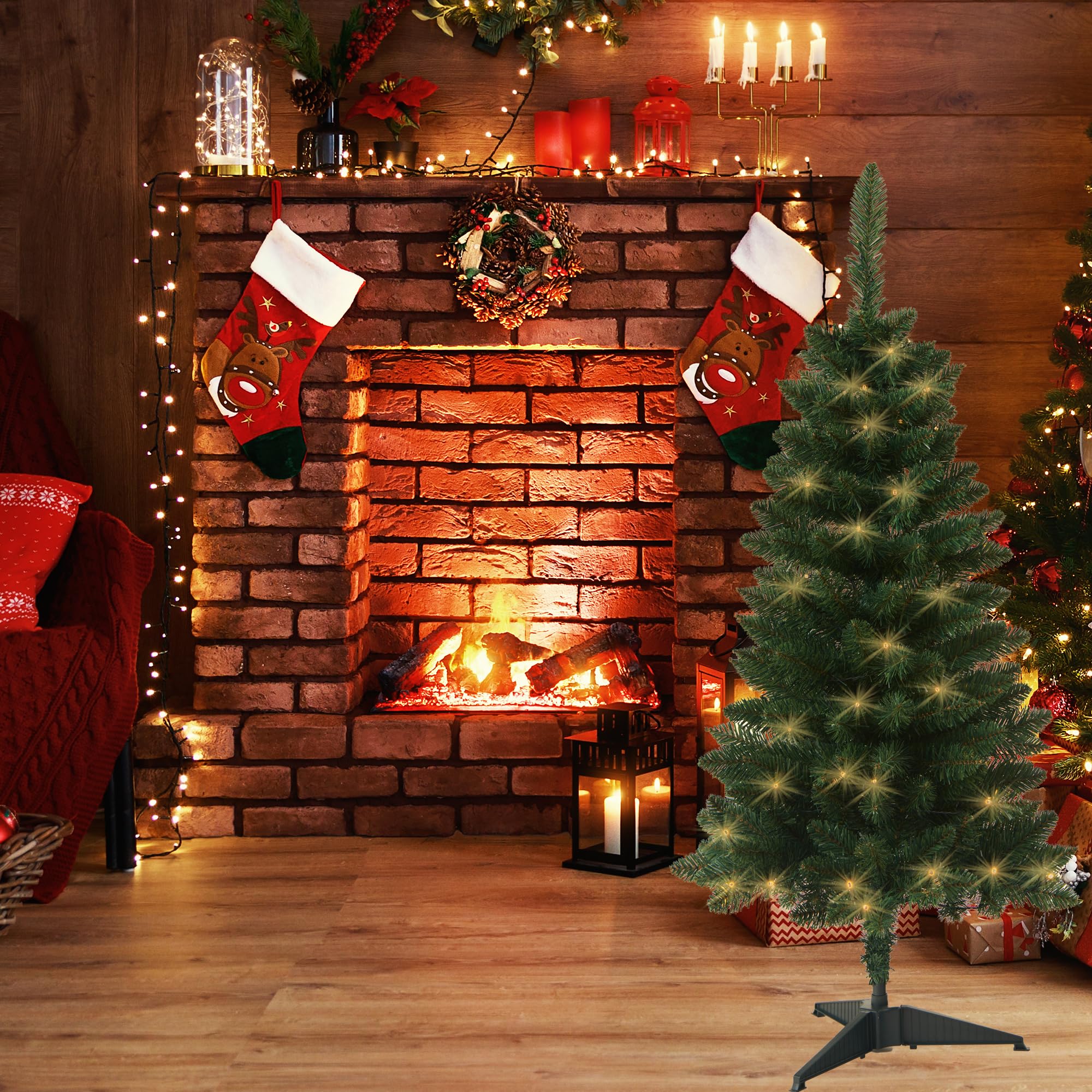 HomeKaren Sapin de Noël Artificiel pré-éclairé de 120 cm, Fonctionne à Piles, avec 70 LED et 210 Branches pour décoration d'intérieur et d'extérieur