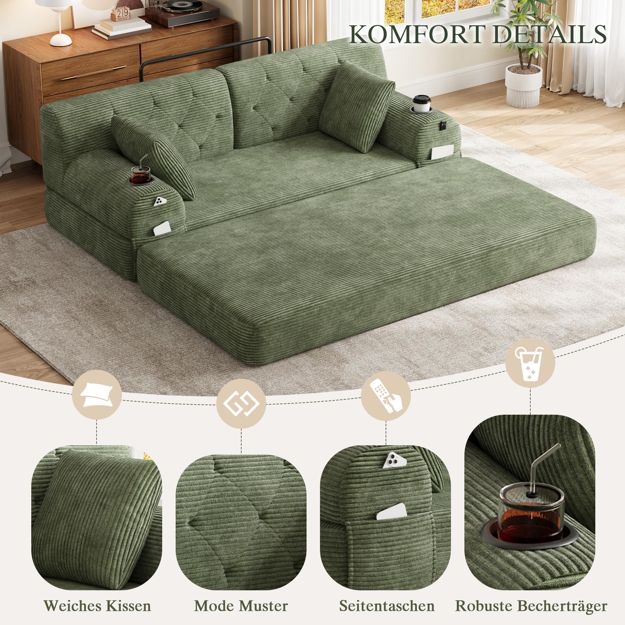 Divano Letto 2 posti con Struttura in Metallo, 2 Portabicchieri e 4 Tasche Laterali, divano Modulare Pieghevole a Compressione, divano Convertibile in Velluto a coste, Sofa Soggiorno, Verde
