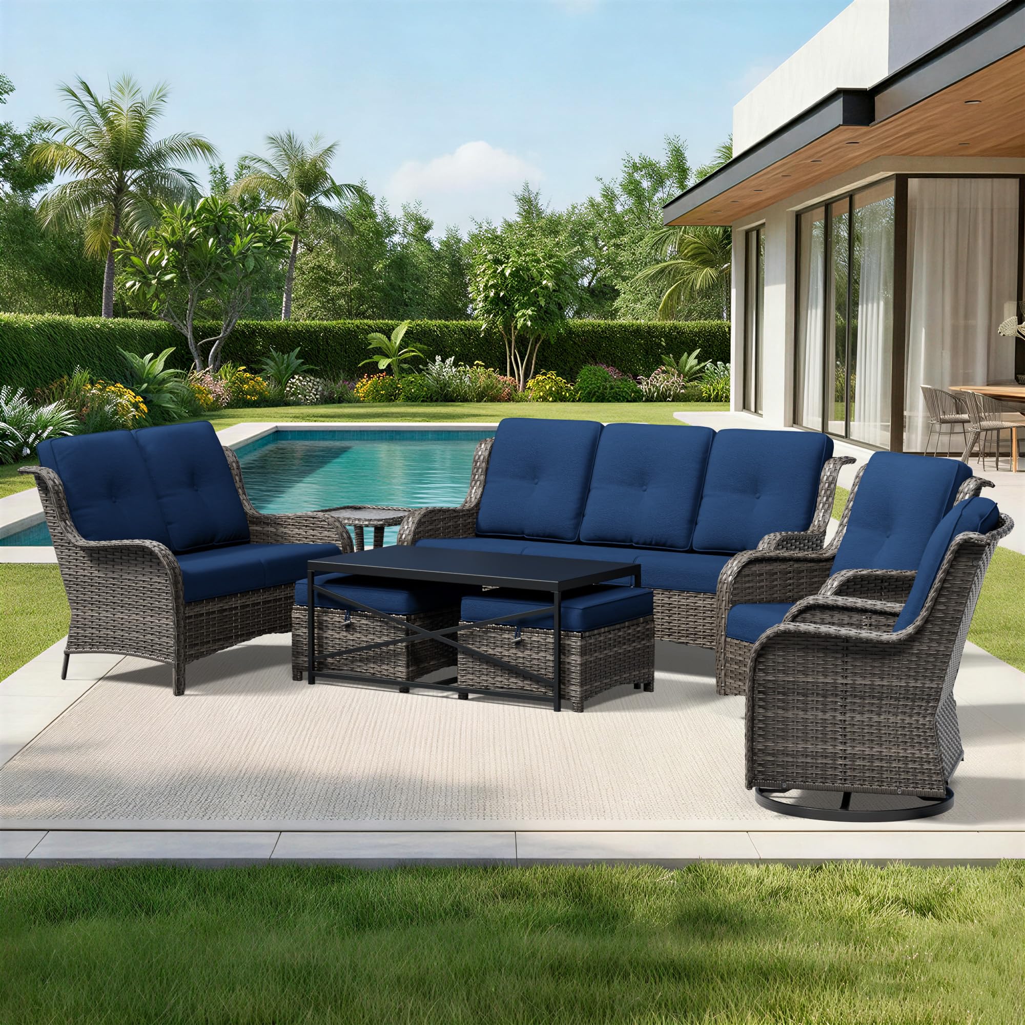 Joyside 8 Piece Wicker Patio Furniture Set, Outdoor Swivel Rocker Patio Chairs with High Back, Deep Seating, Wide Armrest, Thickened Cushions, Outdoor Furniture for Deck, Porch Use