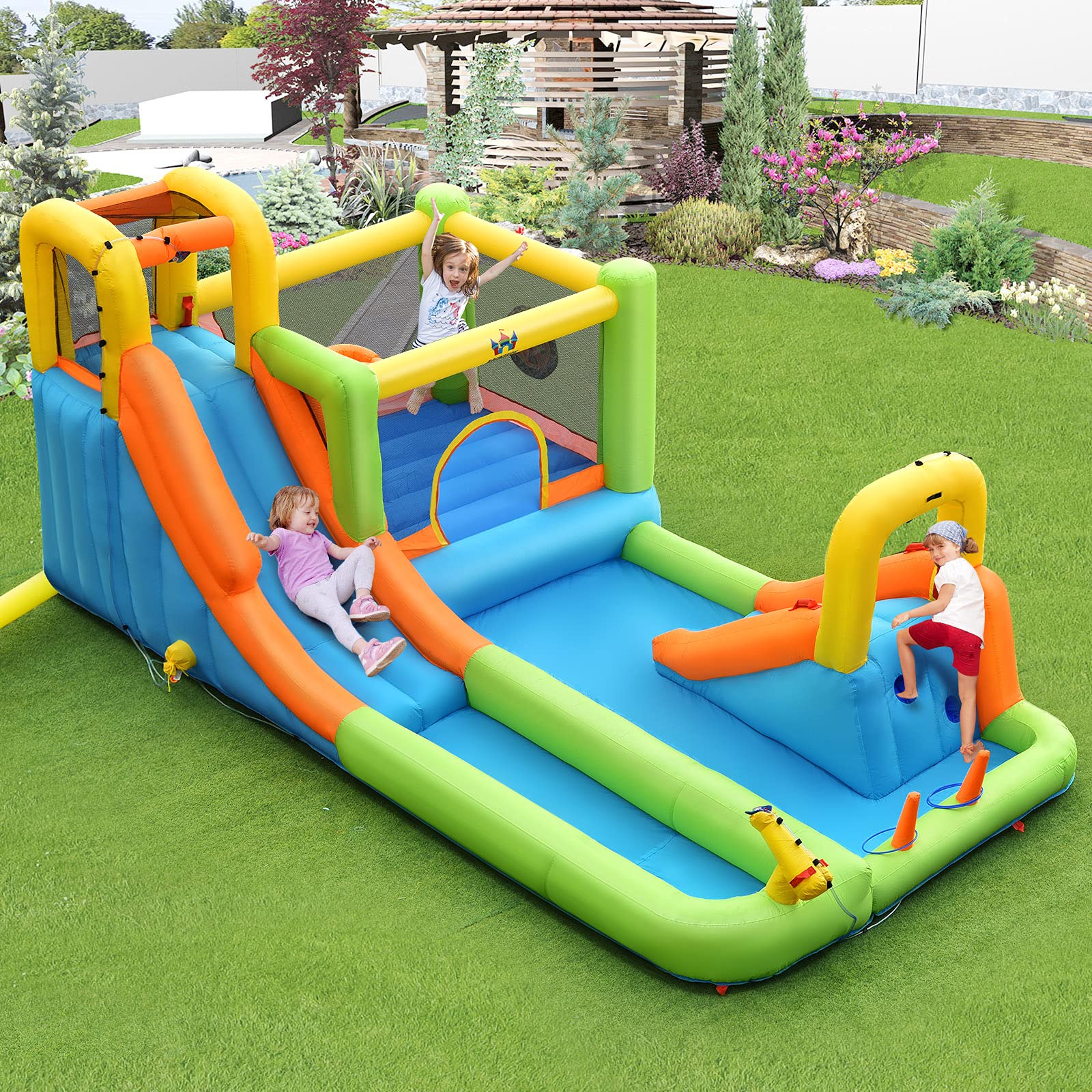 COSTWAY Castello Gonfiabile 8 in 1, Parco Acquatico con Ventilatore