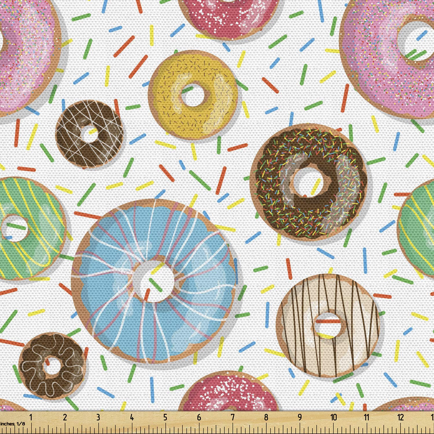 Lunarable Dessert Fabric by The Yard, Tasty Chocolate and Cream Glazed Doughnuts with Sprinkles Pattern Delicious Bakery, Decorative Fabric for Upholstery and Home Accents, 1 Yard, Chocolate Pink