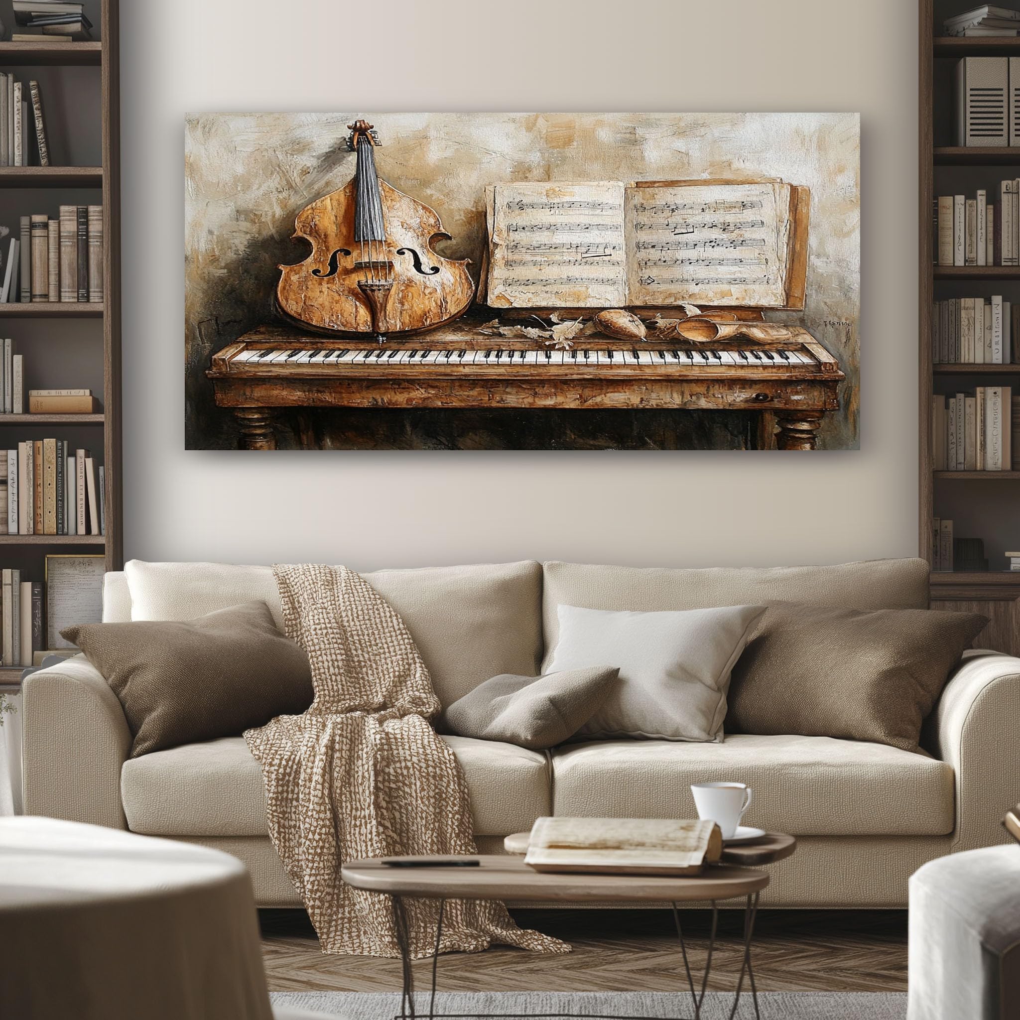 SKOEUI Grandi Quadri Moderni Soggiorno Pianoforte Vintage con Cornice | Quadro Spartiti Classici 1 Pezzo 60x120 cm Stampa su Tela Decorazione da Parete per Salotto, Camera da letto, Cucina