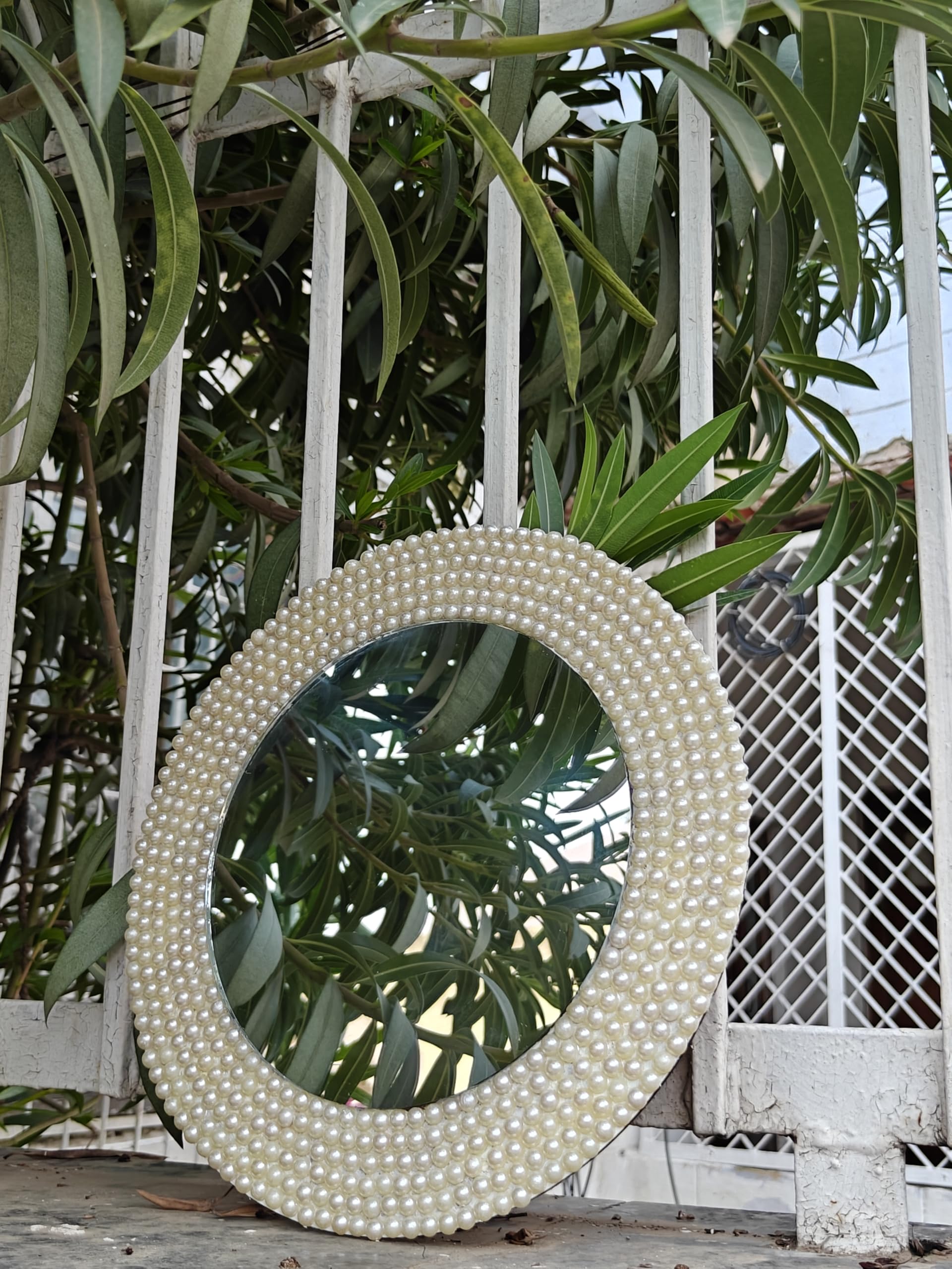 Shree adodhya Handcrafted Pearl Beaded Round Wall Mirror – Decorative Aesthetic Accent Mirror for Living Room, Bedroom & Entryway Wall Decor. Size 12 inches.-image-3