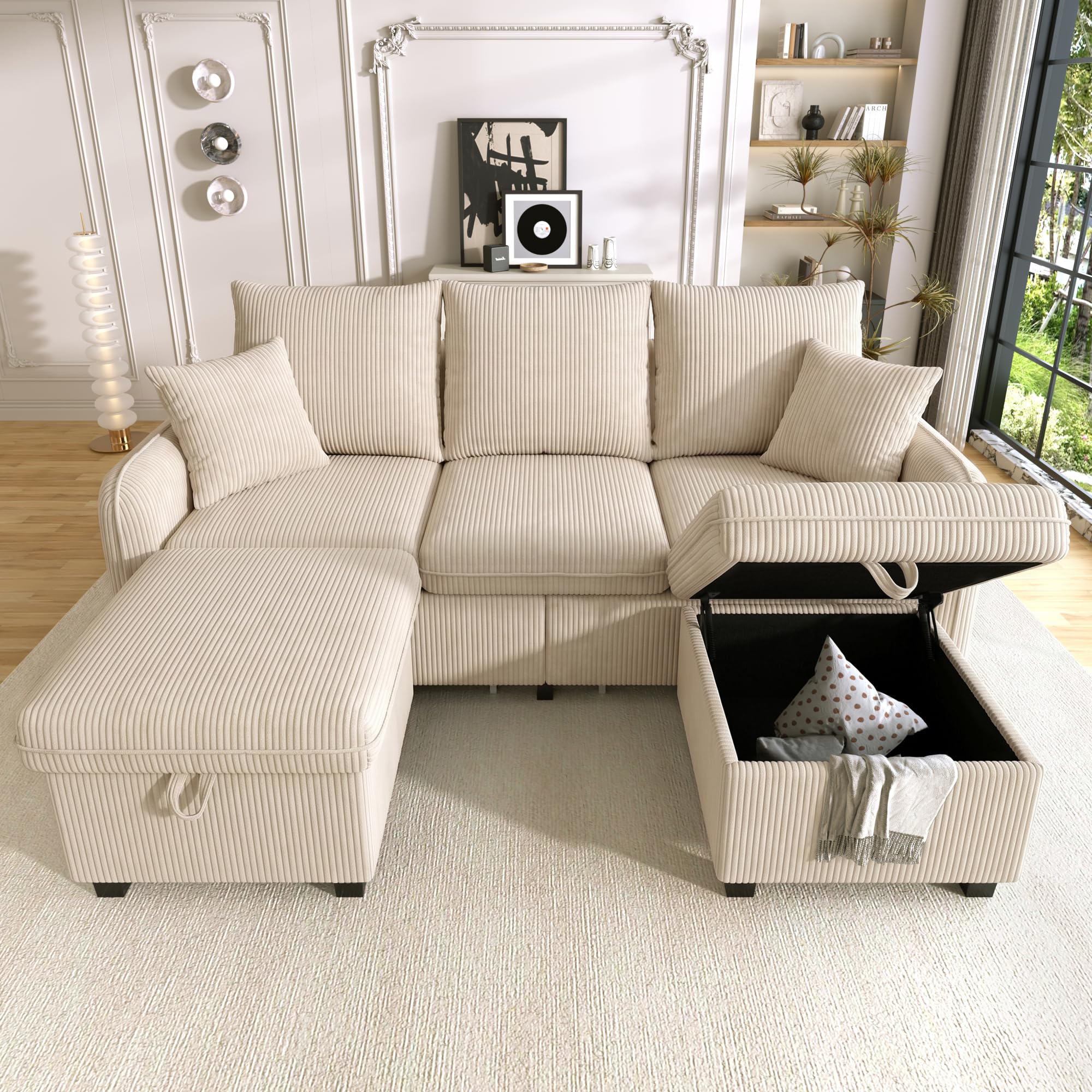 Merax Modulares 3-Sitzer Sofa-Set, Ecksofa in L-Form & U-Form mit 2 Stauraum-Hockern, Couch mit 2 Schubladen, Flexibel kombinierbare Wohnlandschaft aus Chenille, Beige