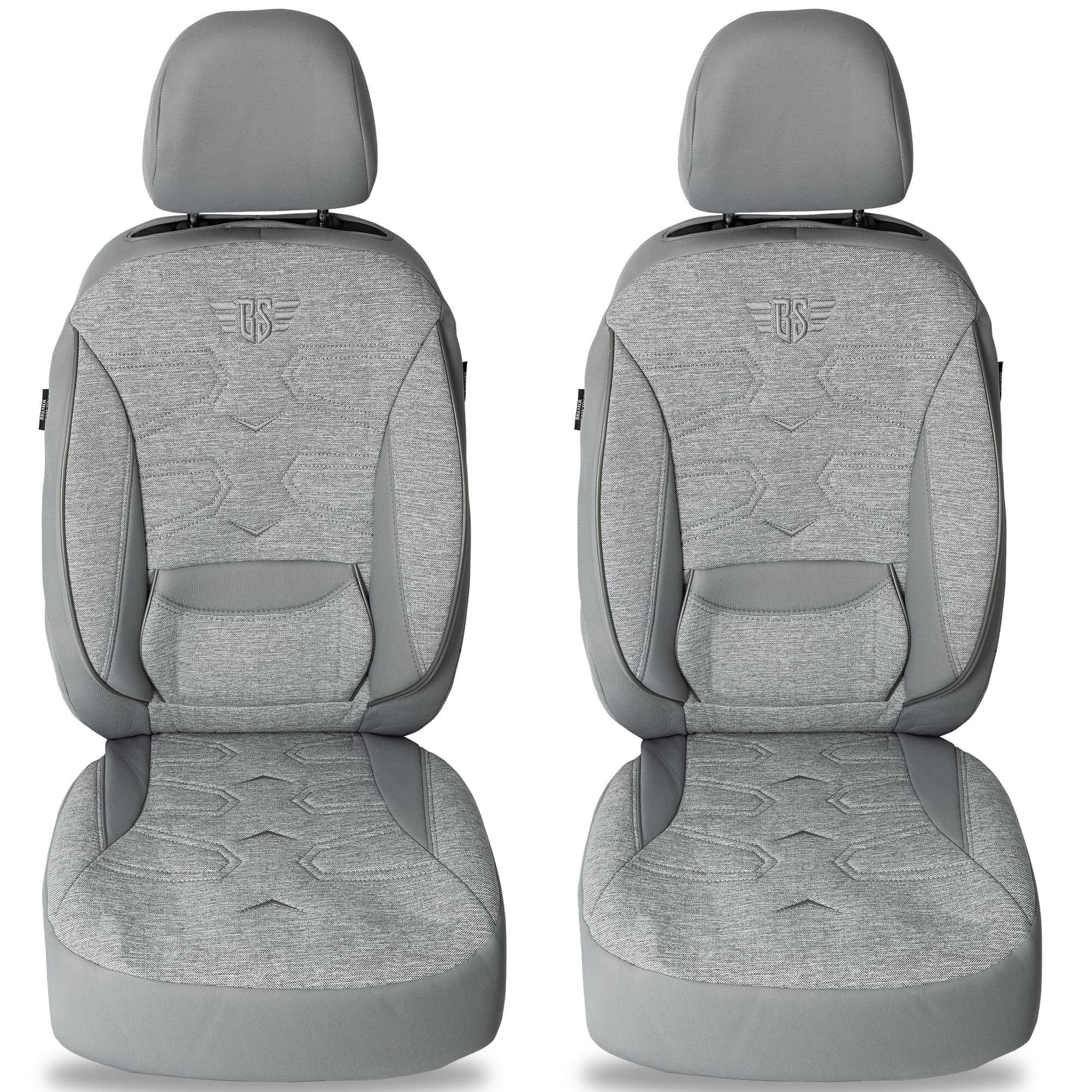 Autositzbezüge Universal für PKW, SUV – Premium Vordersitzbezüge Grau, hochwertig verarbeitet für mehr Sitzkomfort, Airbag-kompatibel, Schonbezüge für Fahrer & Beifahrersitz mit Rückentasche
