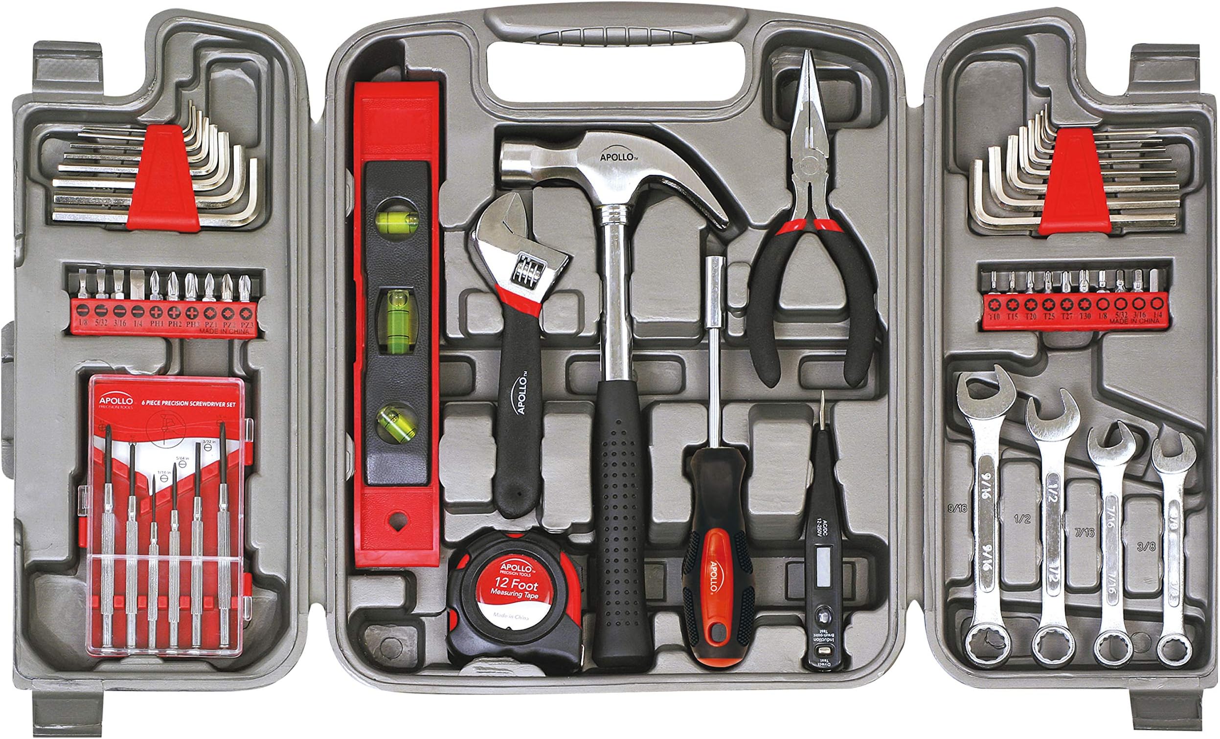 Apollo Tools 53 Piece Home Repair Tool Set with Toolbox Storage Case, Basic Tool Set for General Household Repairs and DIY, Includes Most Useful Hand Tools - Red