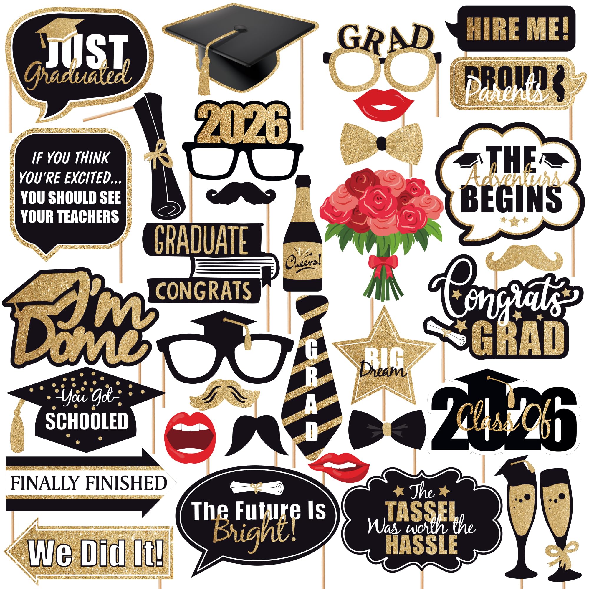 KatchOn, Glitter Graduation Photo Props 2026 - Pack of 34 | Black and Gold Photo Props for Graduation Decorations 2026 | Grad Photo Props for Congrats