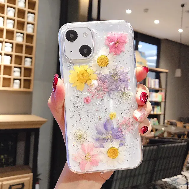 iPhone 15 Plus Case with Glitter, Dried Flowers, Blue Pink Design