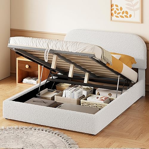 Miniatura 21 de Cama de plataforma de almacenamiento tamaño Queen con 4 cajones, cama tapizada de tela de lino con cabecera clásica, marco de cama de madera de
