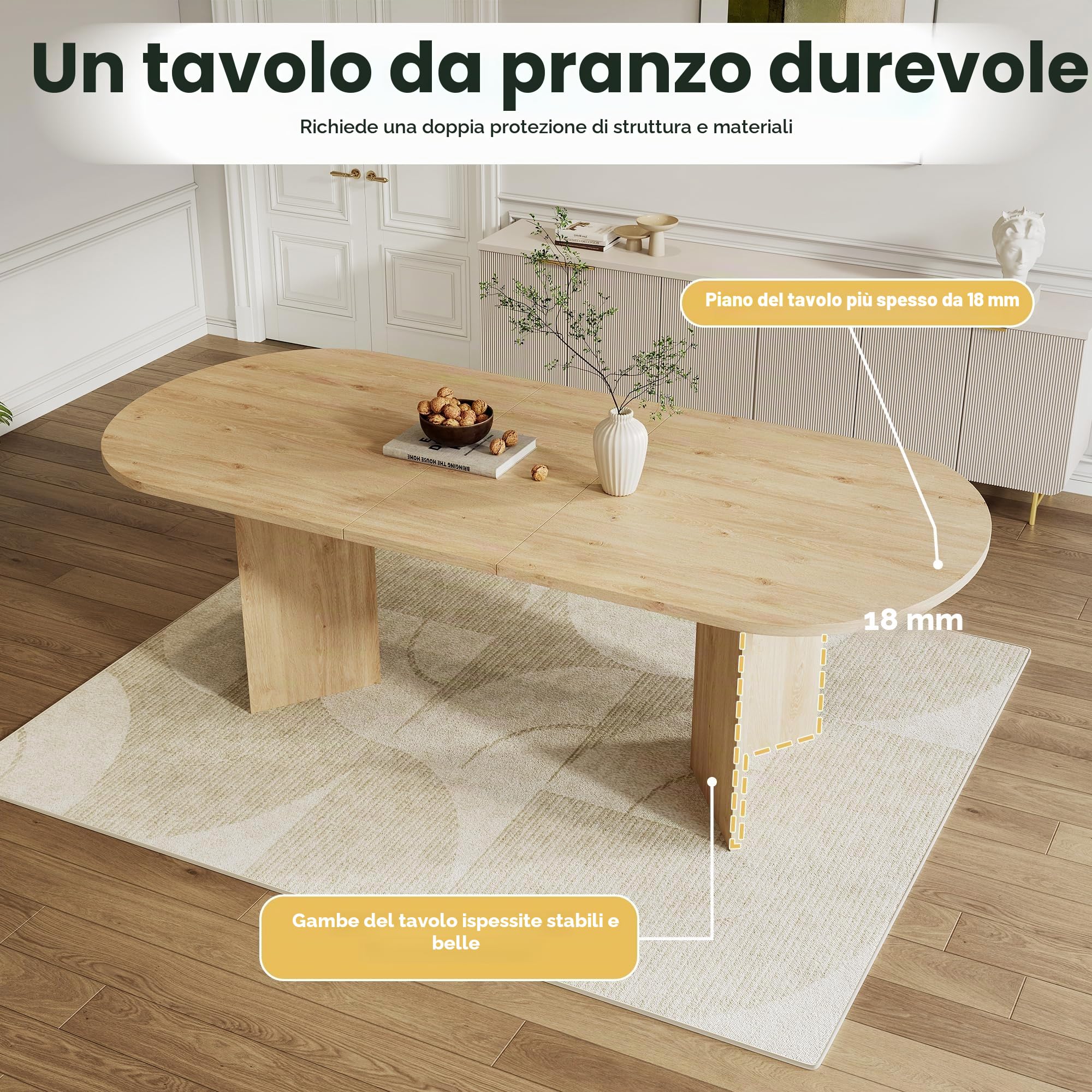 Tavolo da pranzo allungabile ovale, 160/200 * 90 cm, Tavolo allungabile moderno angoli arrotondati, stile semplice, piano del tavolo ispessito, tavolo da cucina per 6-8 persone, colore rovere