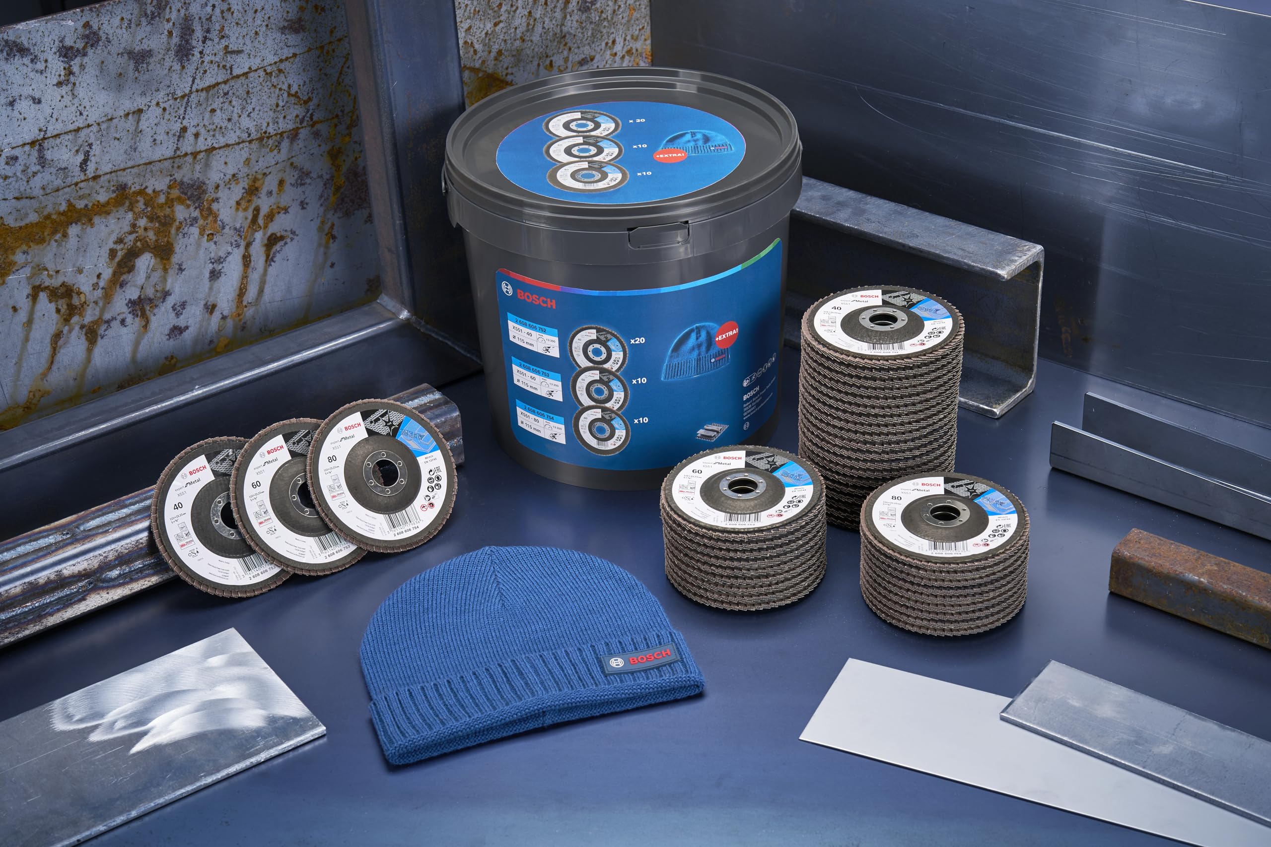 Bosch 40 discos abrasivos X551 Expert for Metal + Beanie Set (para metal, acero, hierro fundido, diámetro de 115 mm, grano 40/60/80, M14, accesorios profesionales para amoladora angular)
