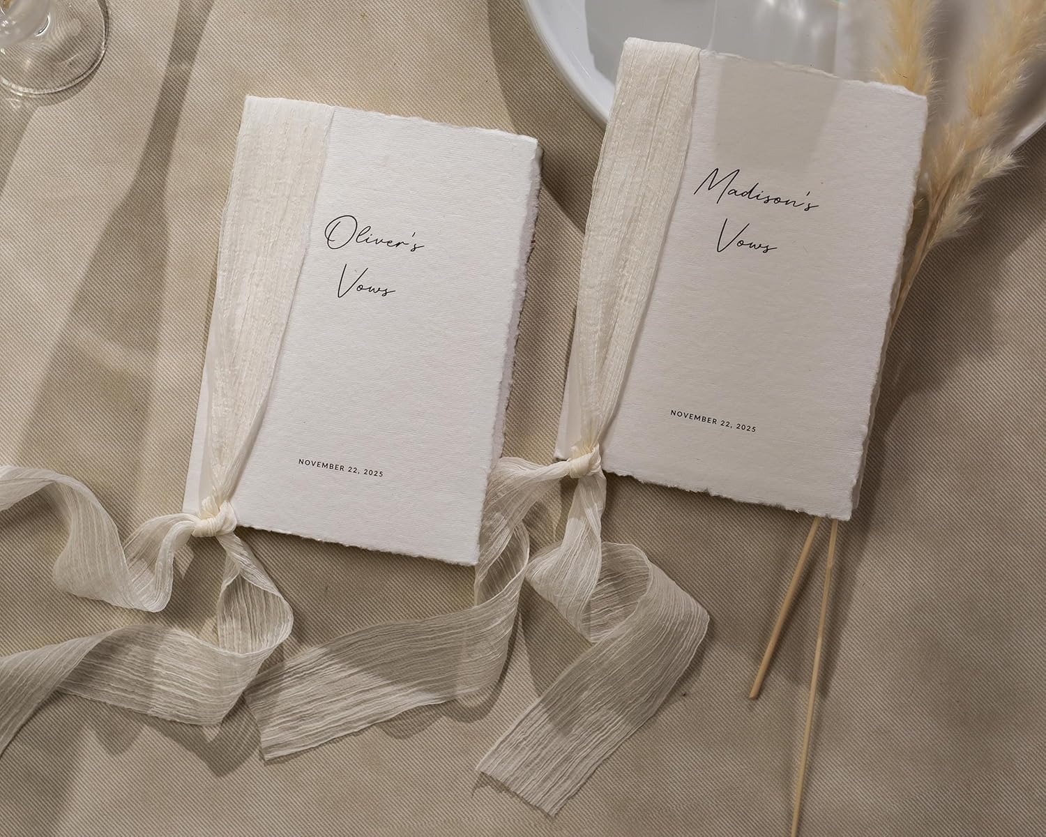 Vows Deckled Edged Vow Booklet Set of 2-5x7 Custom Names Date Personalized Handmade Ribbon Vow Book Set Weddings Vow Renewals Raw Edge Paper Romantic