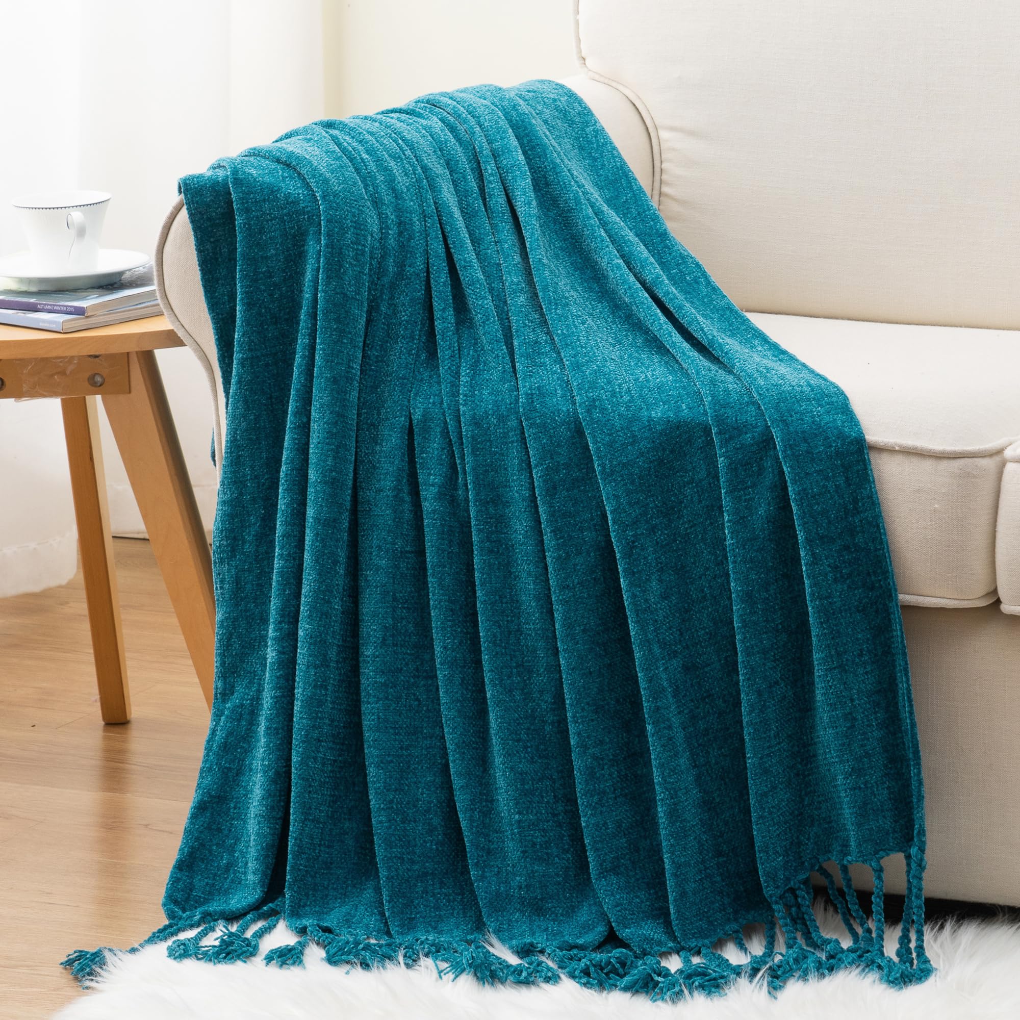 BATTILO HOME Teal Blue Throw Blanket for Sofa Bed Couch Soft Cozy Chenille Throw Blanket with Fringe Tassels - Image 2