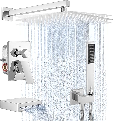 KES XB6305S12-CH - Juego de grifo de ducha, sistema de ducha, grifo de bañera y ducha, cabezal de ducha de 12 pulgadas con boquilla de mano y