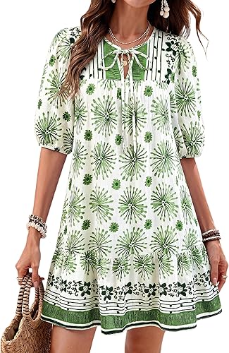 Okiwam Womens Summer Dresses 2026 Drawstring V Neck Lantern Short Sleeve Boho Floral Casual Babydoll Beach Vacation Sundress