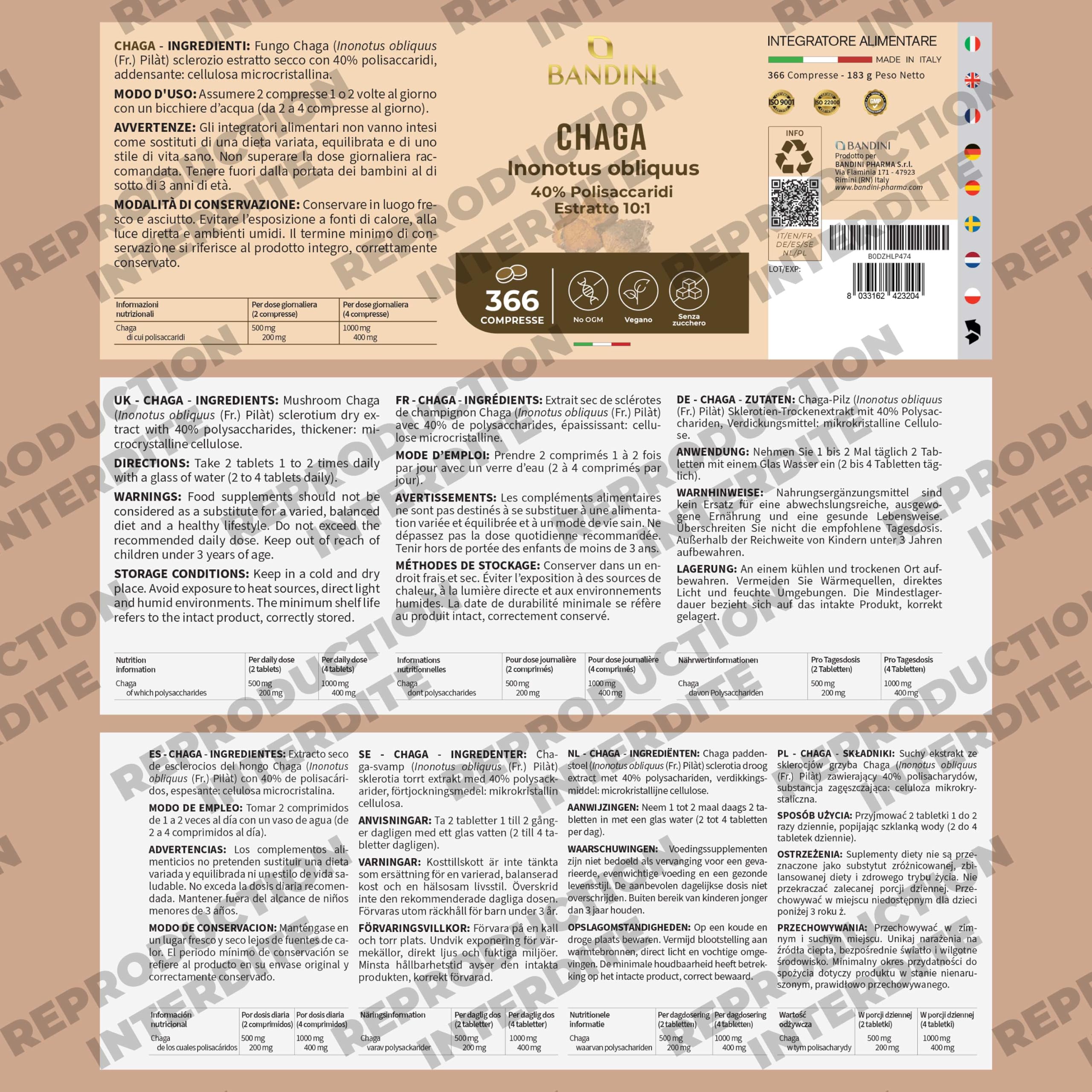 Bandini® Chaga champignon 366 comprimés | Polypore oblique - Inonotus Obliquus | Complément riche en antioxydants et polyphénols | Pour l'équilibre quotidien | Jusqu'à 1000mg par dose - Chaga Mushroom