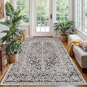 KUTA Vintage Area Rug 4x6 Living Room, Washable Rugs Distressed Tribal Tan Grey, Non-Slip Dining Room Carpet, Soft Low Pile Printed Cozy Small Area Throw for Bedroom, Nursery