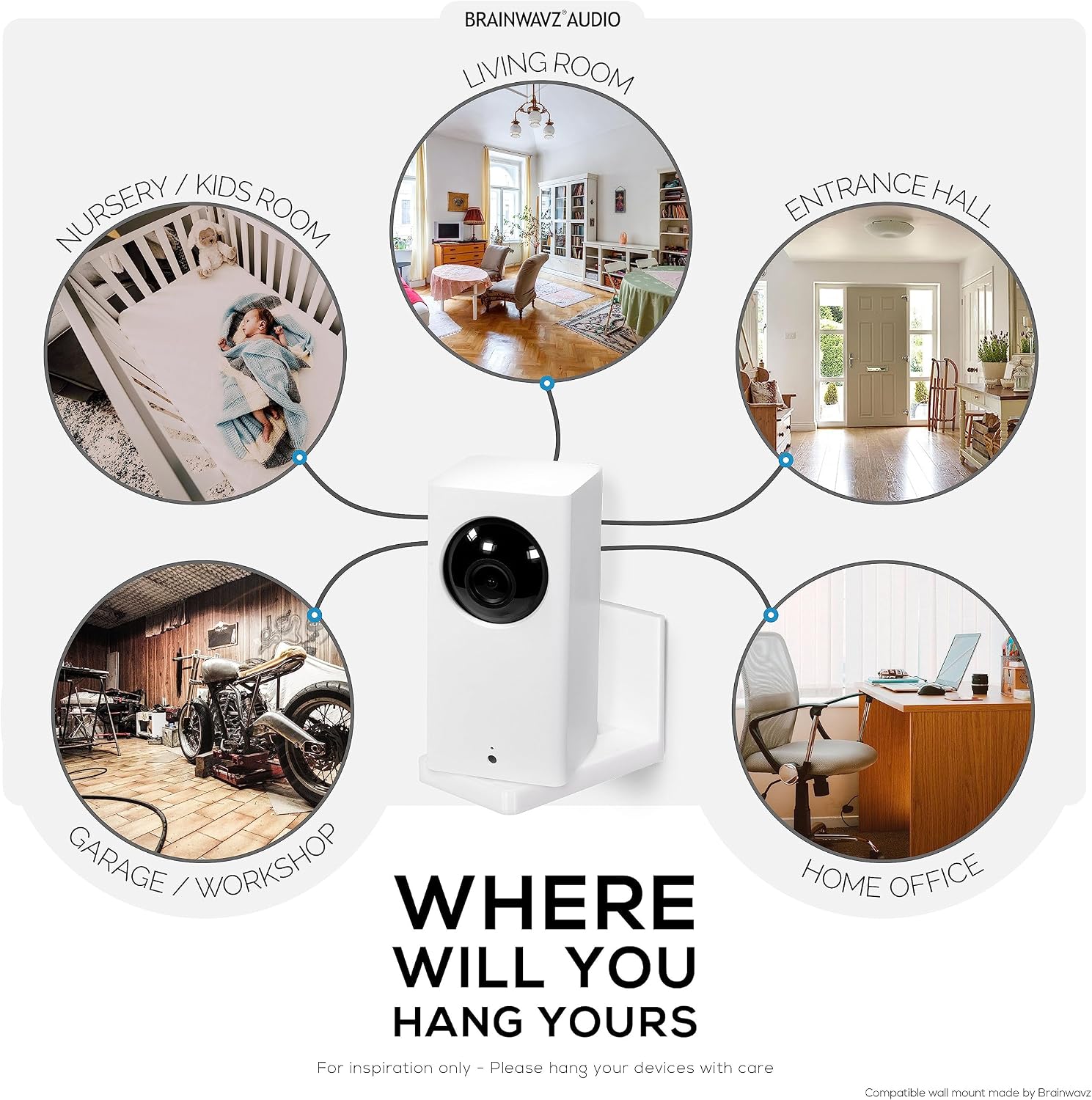 BRAINWAVZ Screwless Wall Mount Kit for Wyze Cam Pan, VHB Stick On - Easy to Install, Full Tilt & Pan Function, No Mess, No Drilling, Strong Adhesive Mount (White)