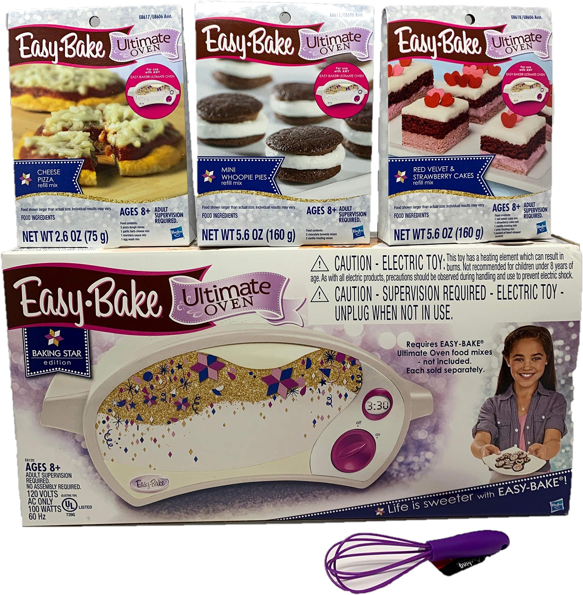 Easy Bake Oven Easy Bake Ultimate Oven Bundle Baking Star Edition + Larger Size 13.8 Oz. 3-Pack Refill Mixes (Pizza, Whoopie Pies and Red Velvet & Strawberry Cakes) + Mini Whisk