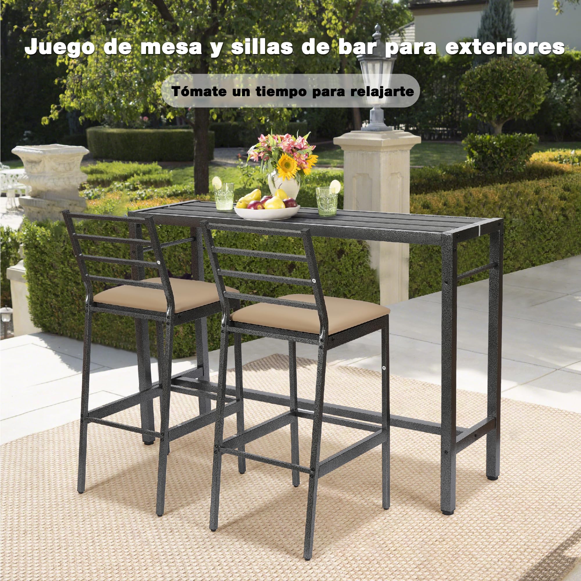 Juego de Comedor y Bar para Patio de 3 Piezas, Mesa Rectangular Resistente de 140 cm de Altura con 2 taburetes Acolchados, Mesa y sillas de Metal para Patio, Porche, bistró o balcón.