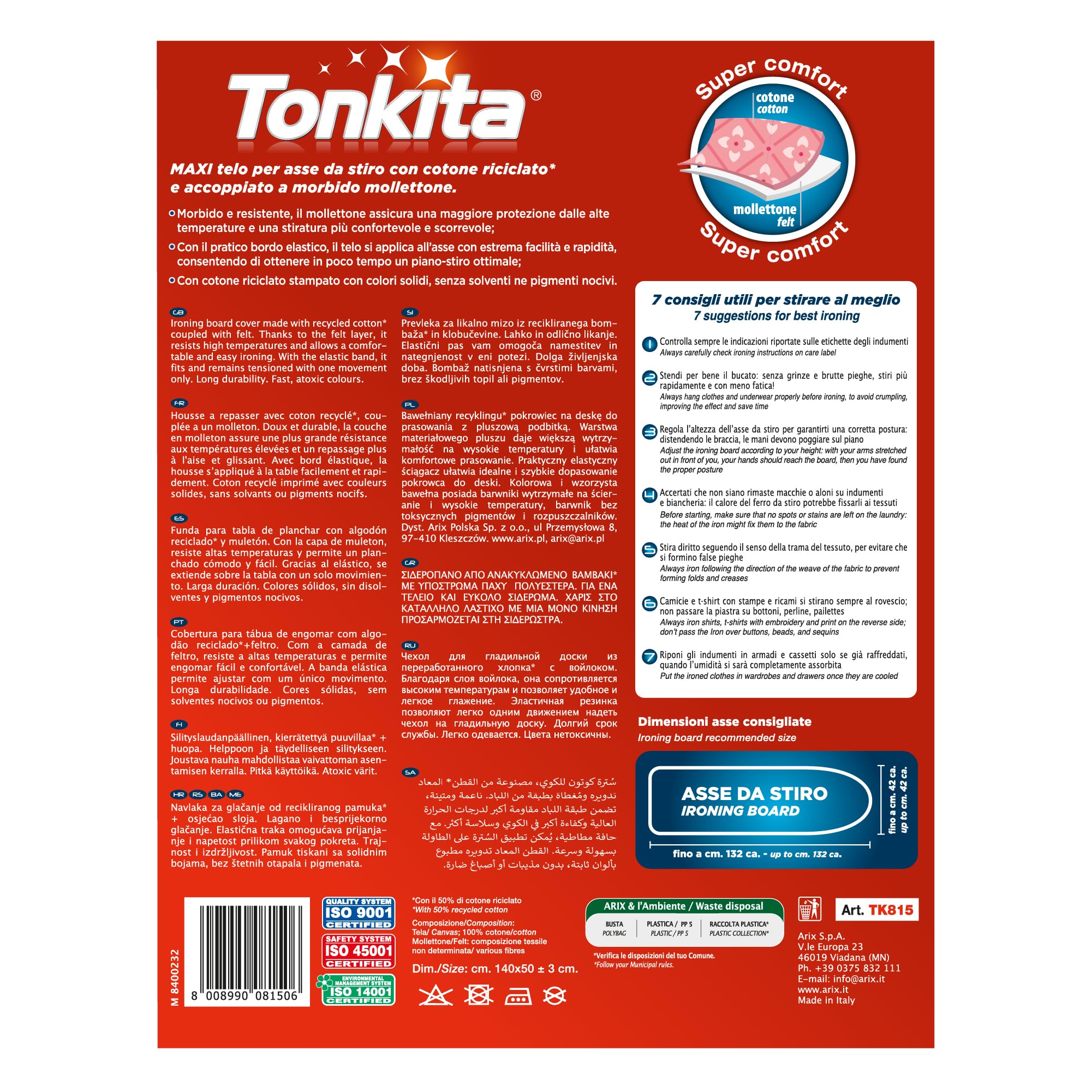 Tonkita | Trio Bâche Triple Couche Pour Planche à Repasser, 140 X 50 Cm, Housse D'essieu En Coton Recyclé, éponge Et Molleton Doux, Avec Clip Ferme Corde, Pour Planches à Repasser Jusqu'à