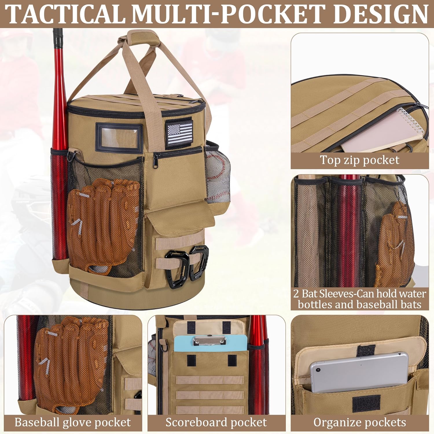 Baseball Bucket Bag, Tactical Style Softball Bucket Cover for 6 Gallon Bucket, Coaching Accessories Organizer with Multiple Pockets for Bat, Gloves, Scoreboard