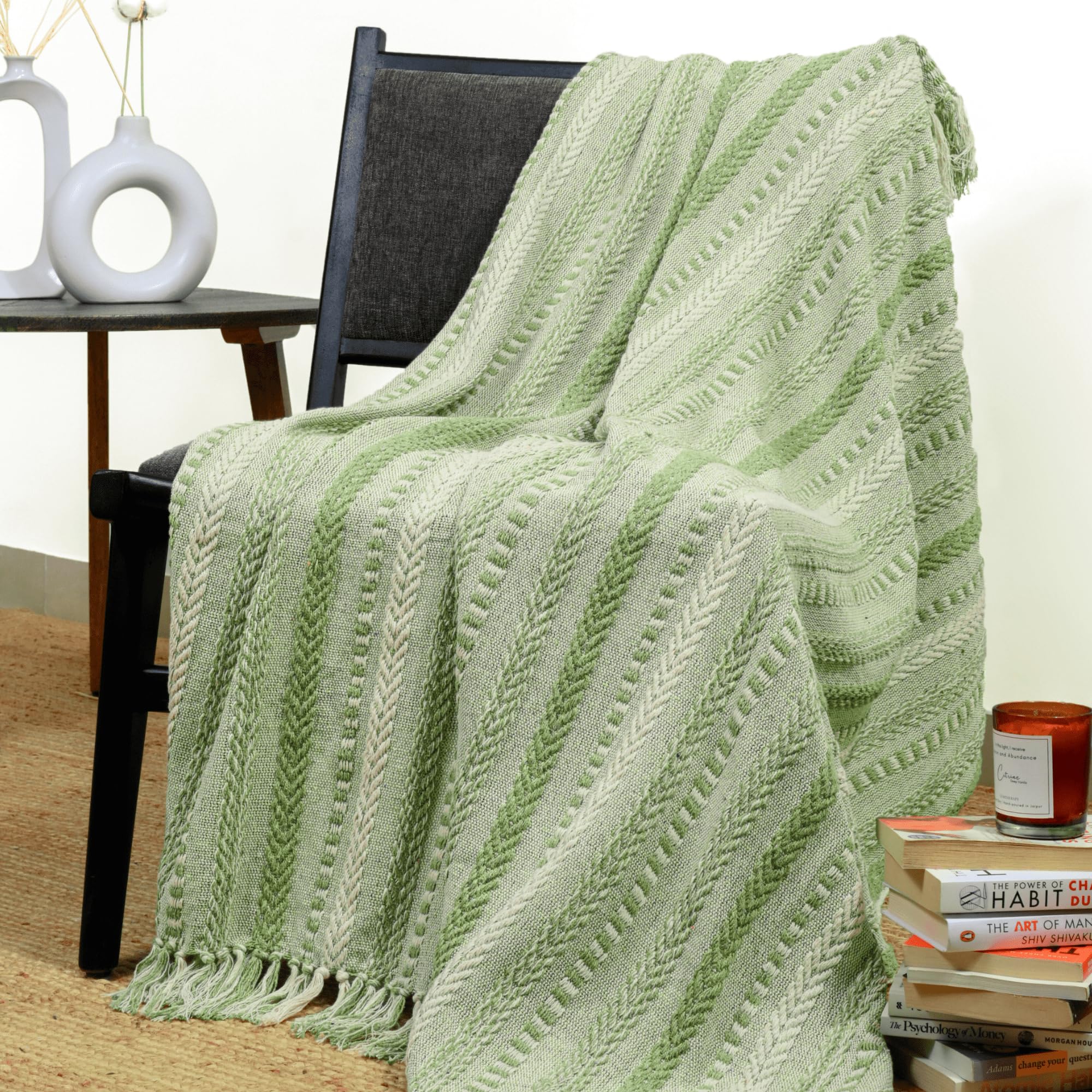 RAJRANG Throw Blanket 50x60 Inches 100% Cotton Braided Striped Farmhouse Throws for Indoor Outdoor Sofa Bed Couch- Jade Green