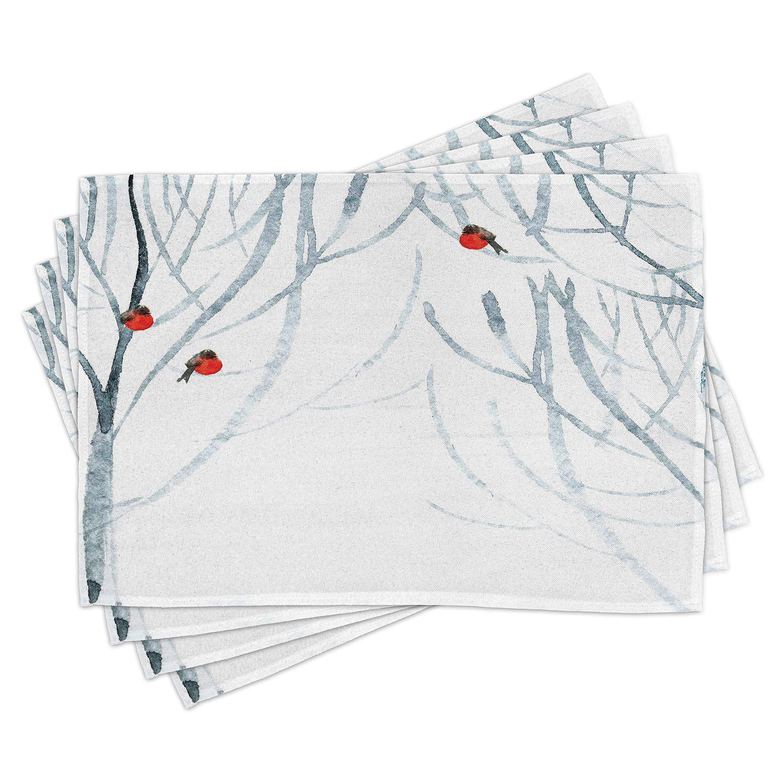 ABAKUHAUS Modern Place Mats Set of 4, Woods Bullfinches, Washable Fabric Placemats for Dining Room Kitchen Table Decor Pale Grey White
