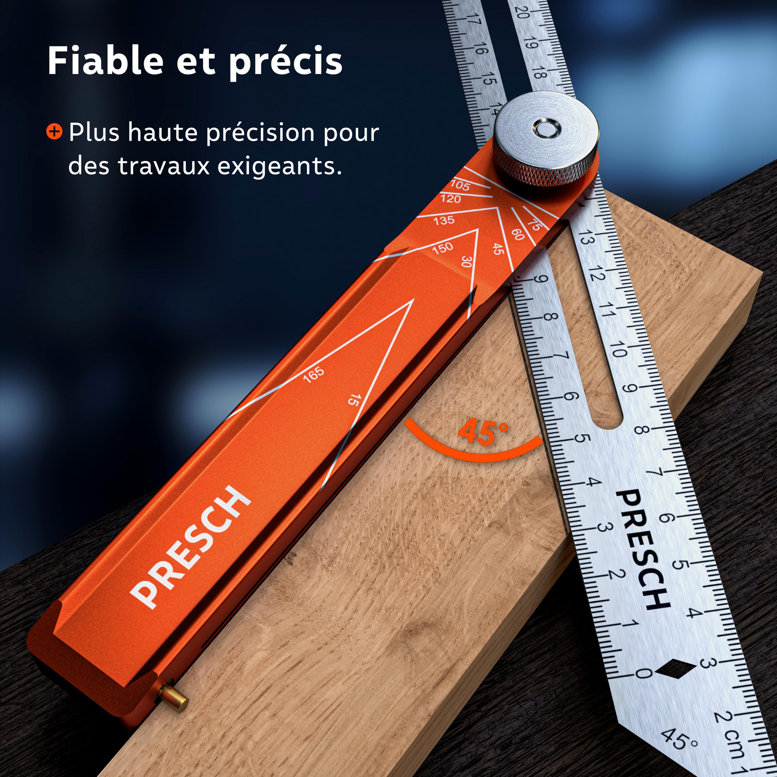 Presch Fausse Équerre incl. règle supplémentaire - 190mm & 270mm - Transfert d'angle précis - Règle avec fonction de trusquin fraisée en aluminium usiné avec précision & en acier inoxydable