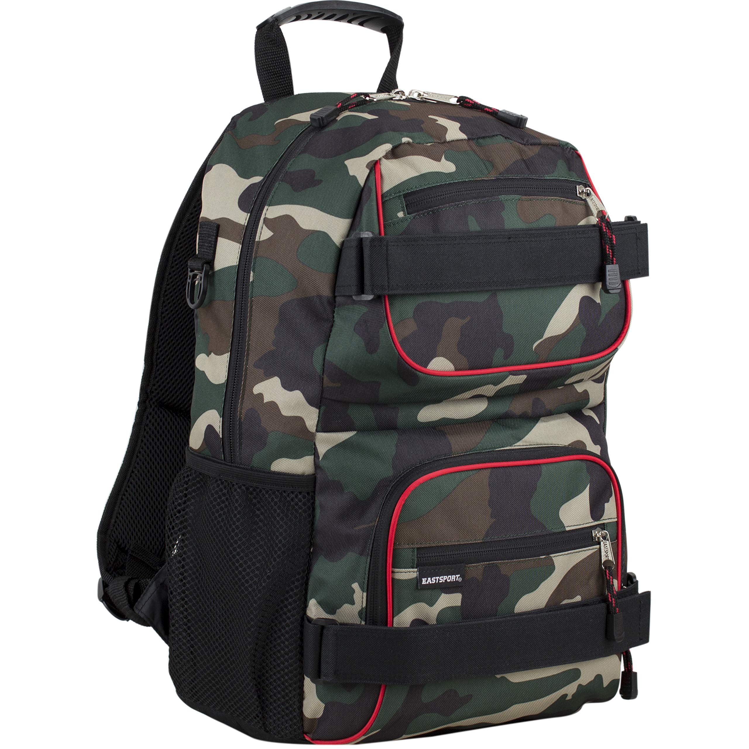 Eastsport Travel Skateboard Backpack Double Strap Laptop Bag Multi-Sport Design for Men and Women, Black Green Camo Red Trim