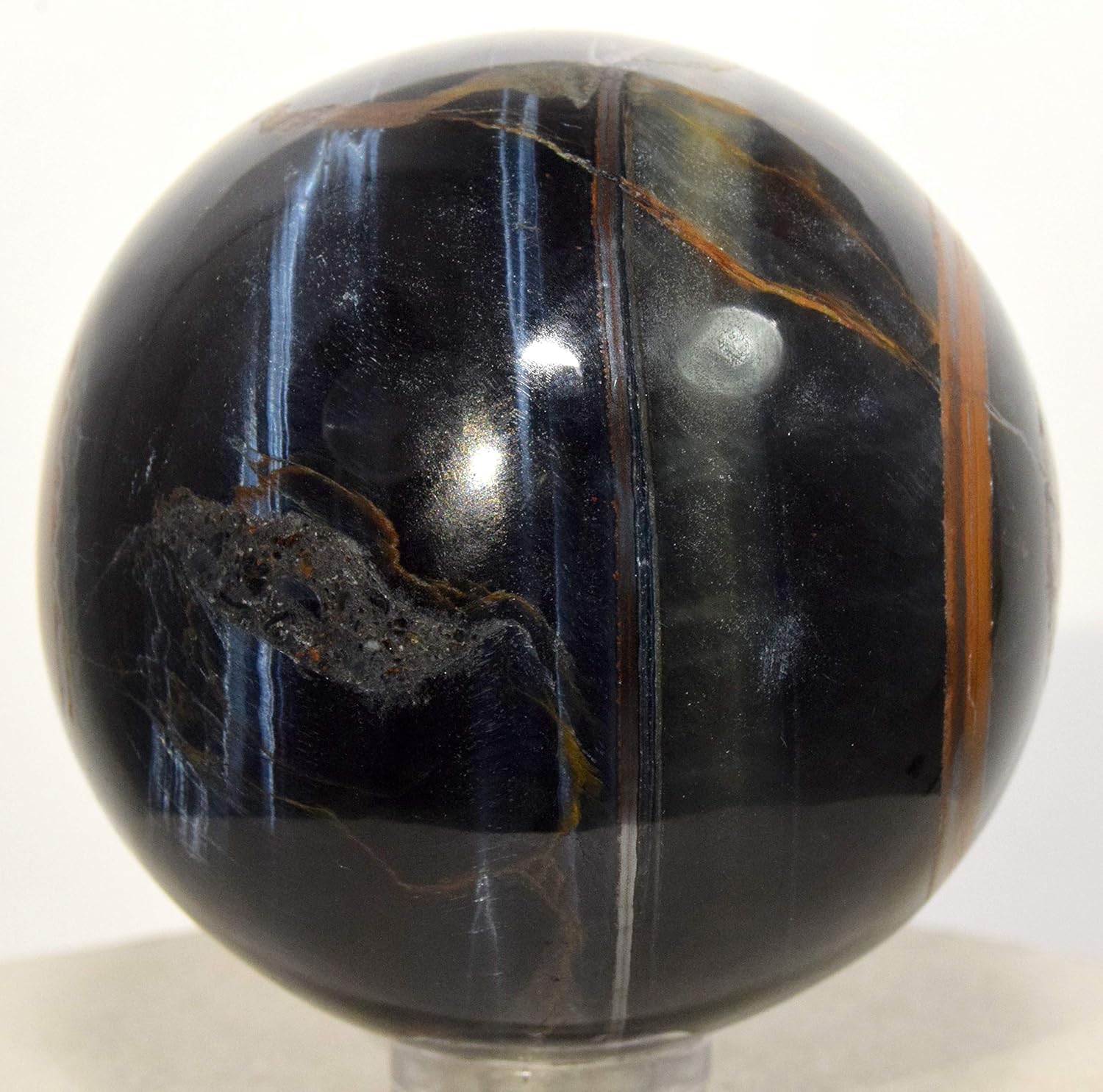 2" Blue Yellow Tiger's Eye Sphere Polished Natural Quartz Chatoyant Ball Crystal Hawk's Eye Mineral Stone - Africa + Stand