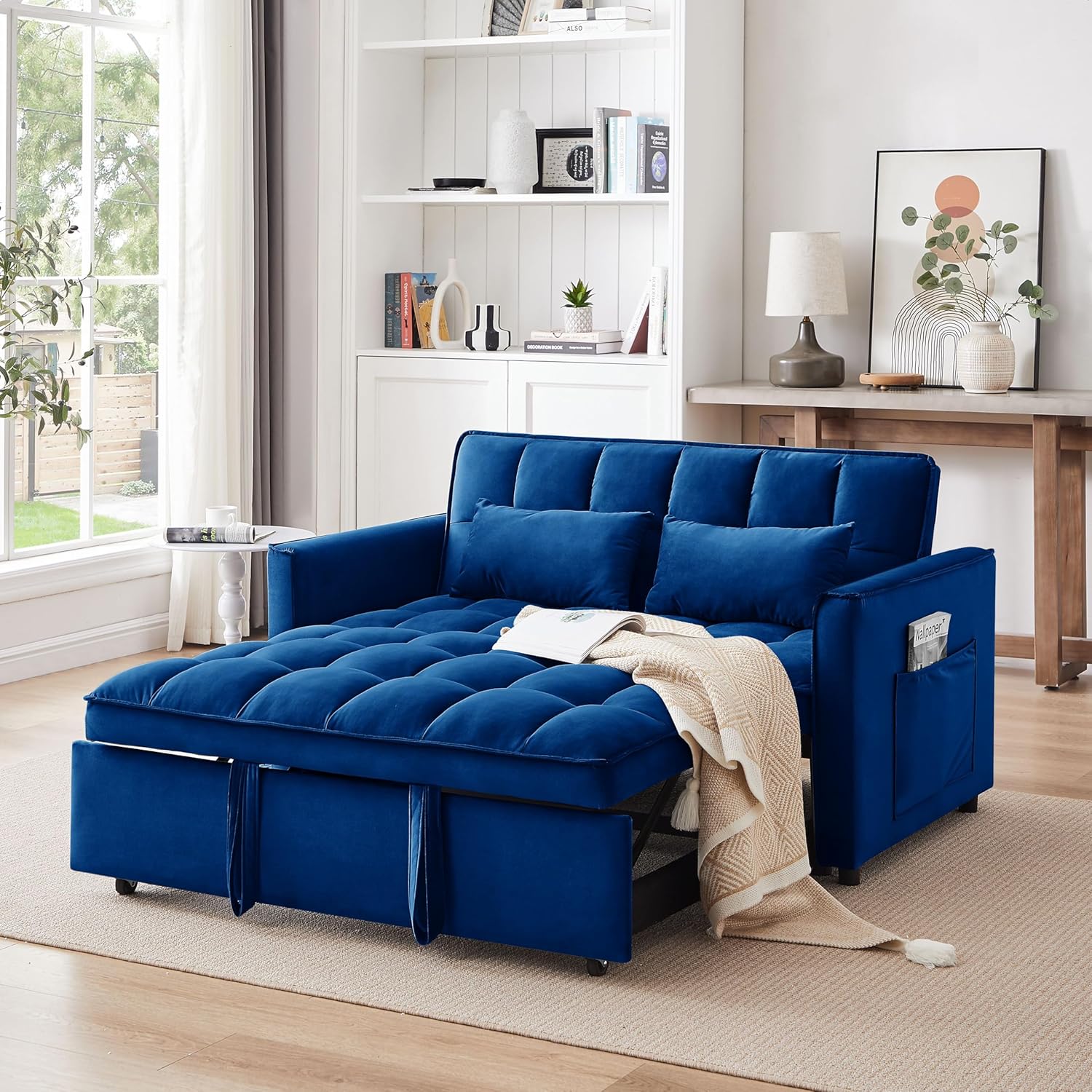 Futon Sofa Bed with Adjustable Backrest and Side Table, Converts to Chair, Recliner or Guest Bed, Velvet Upholstery (Blue)