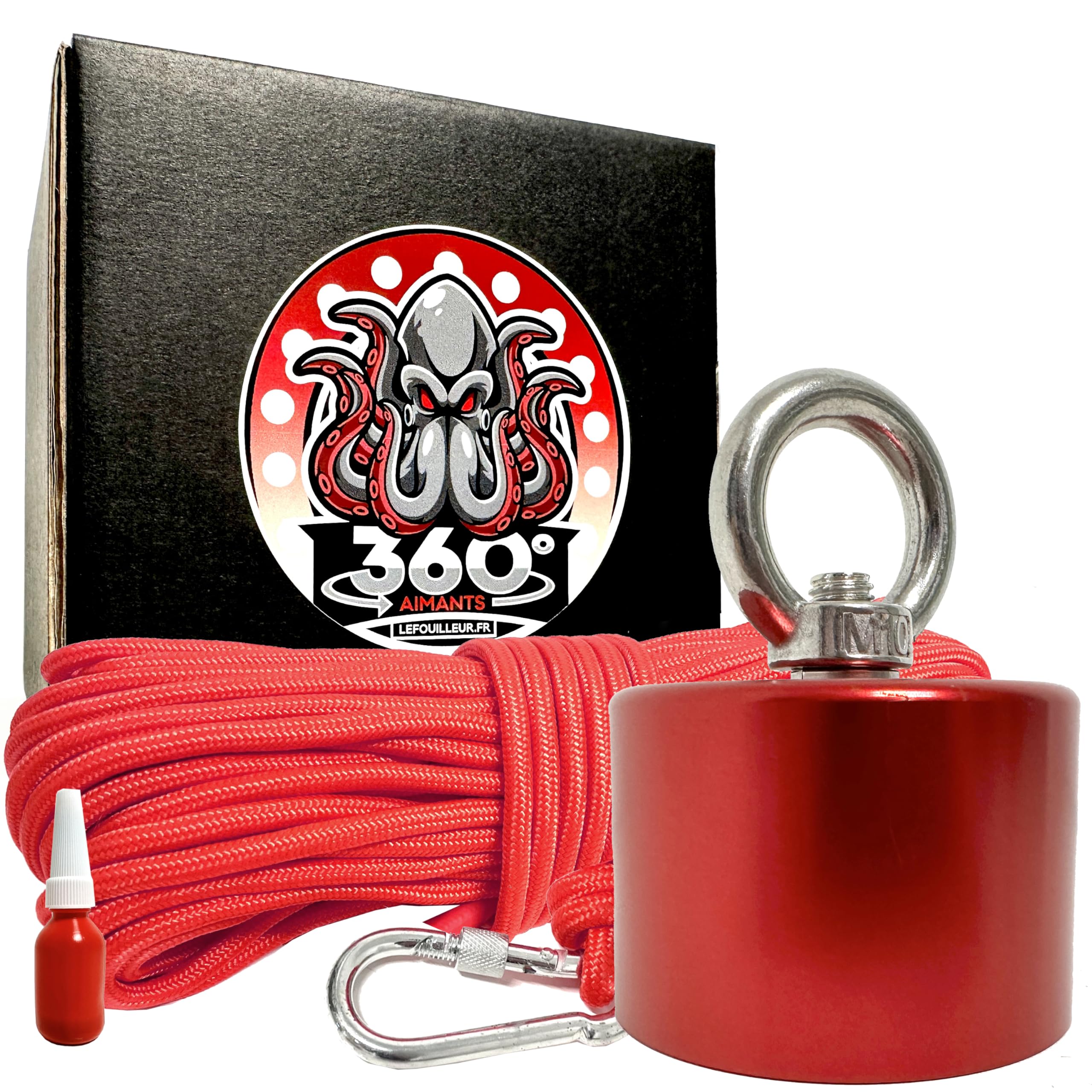 AIMANT NÉODYME LEFOUILLEUR 360° 600KG avec coque de protection + corde 30mm 8mm + colle - Aimant Pêche Puissant - Pêche Magnétique