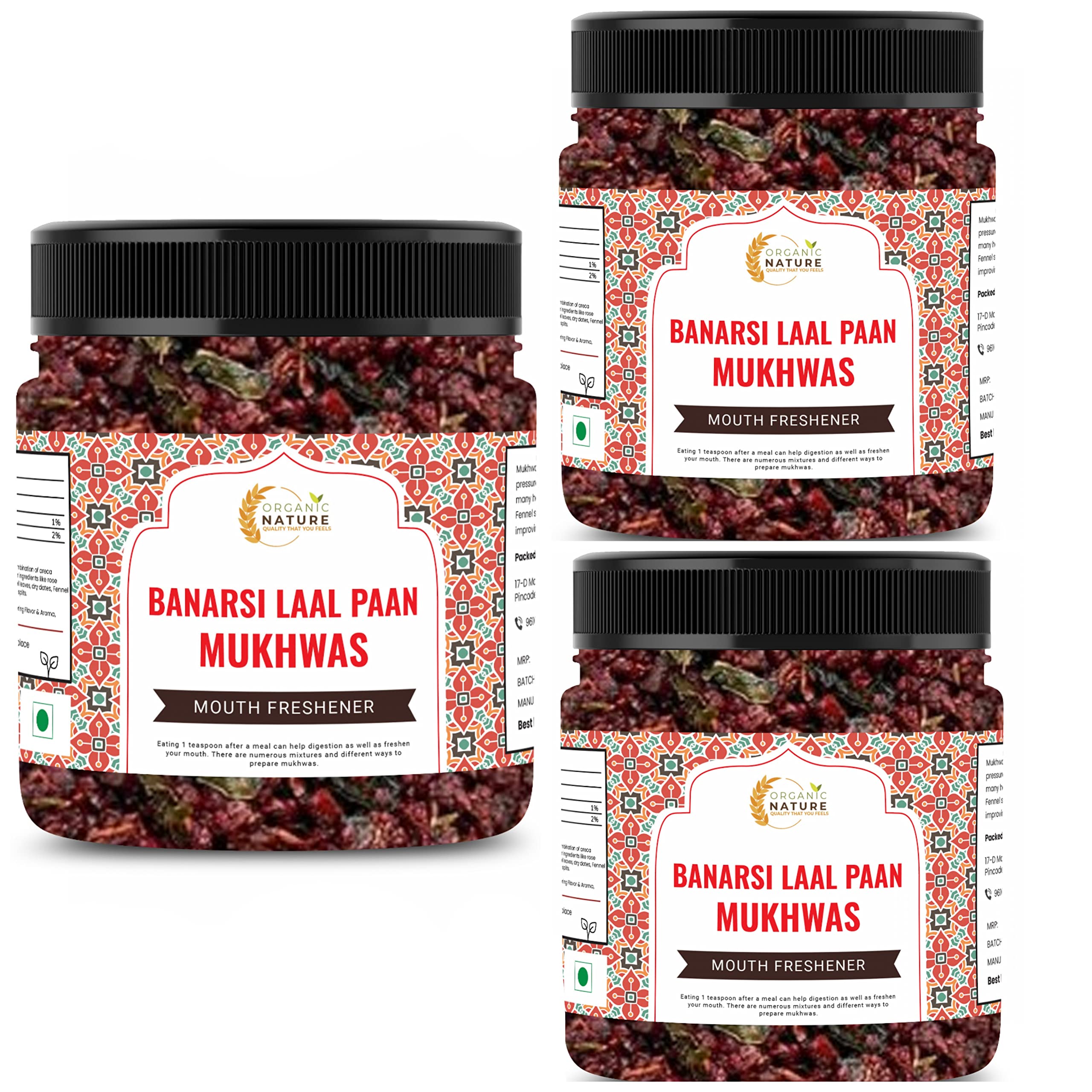 Organic Nature Banarasi Laal Paan Mukhwas [Mouth Freshener, Digestive, After-Meal Snack] [Jar Pack] (900 Grams (Pack of 3 of 300 Grams))