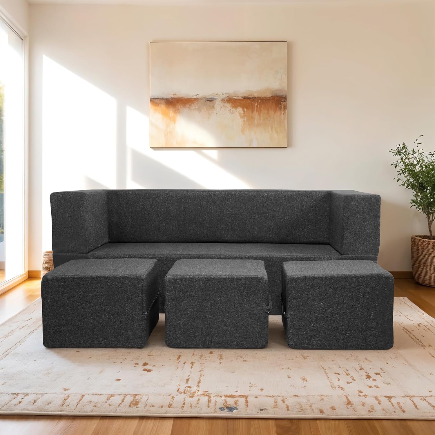 Seventh Heaven 72x60x14 inch Jute Fabric with 3 Puffy 3 Seater Double Foam Fold Out Sofa Cum Bed (Finish Color – Dark Grey Delivery Condition – Pre-Assembled) Seventh Heaven 72x60x14 inch Jute Fabric with 3 Puffy 3 Seater Double Foam Fold Out Sofa Cum Bed (Finish Color – Dark Grey Delivery Condition – Pre-Assembled)