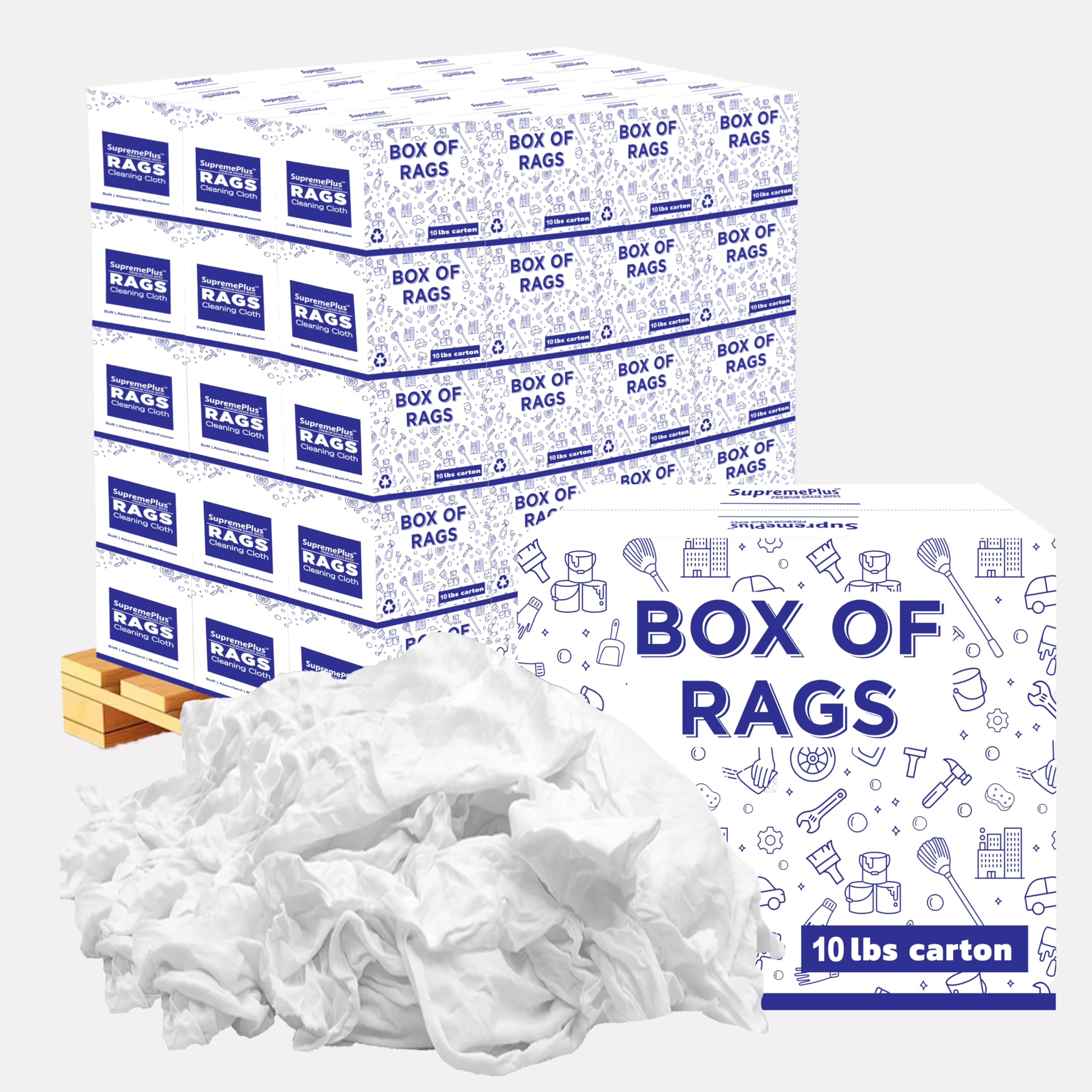 Premium White Knit 600 lbs Pallet - 60x10 lbs Box of Rags Cotton T-Shirt Cloth Wiping Rags -
