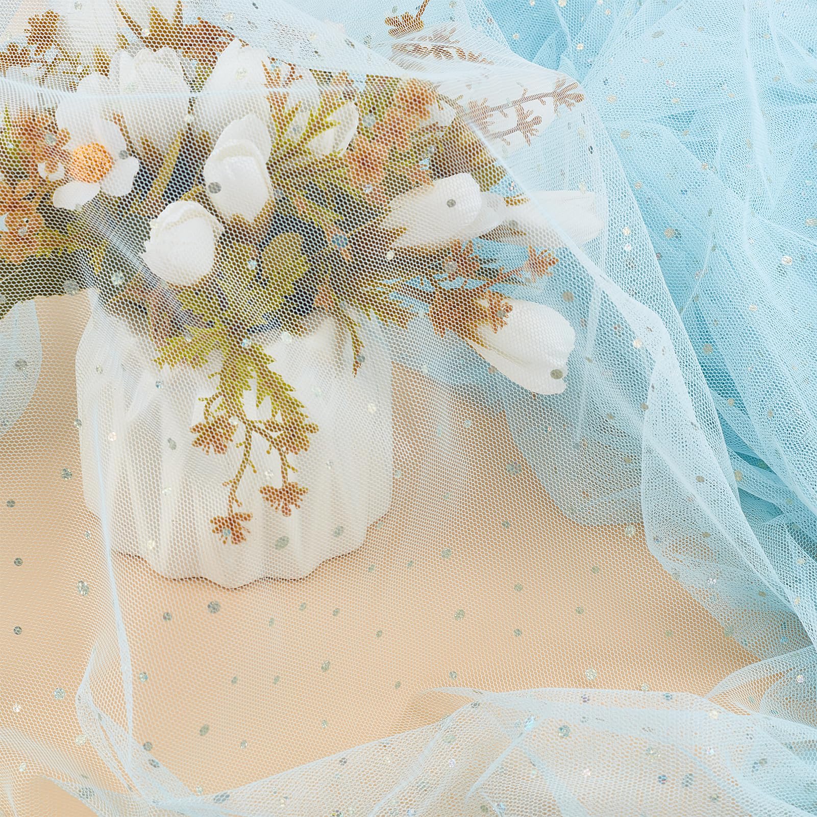 letsinstyle 4 Yards Glitter Tulle Fabric Rolls, 59'' Wide Light Blue Sequin Ribbon - Image 4