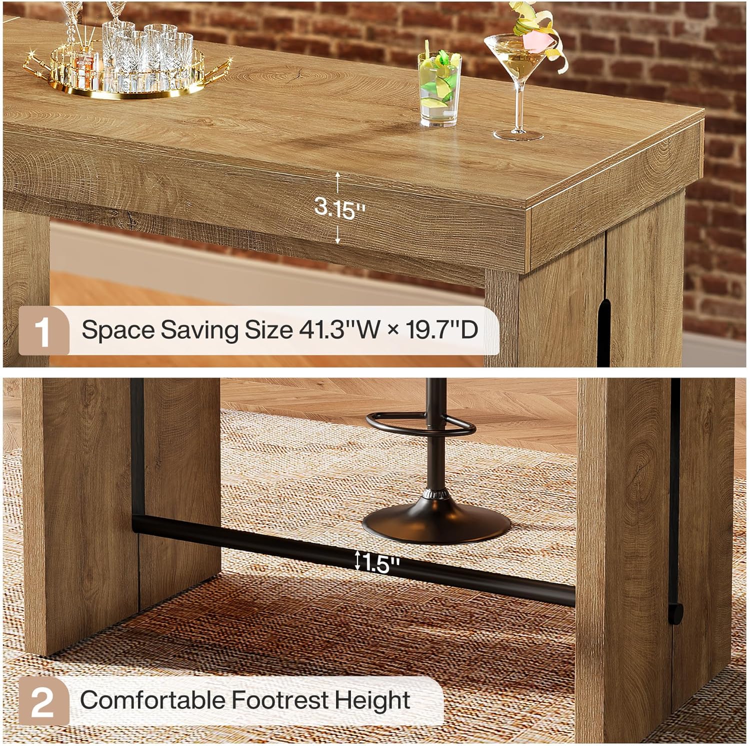 Tribesigns Bar Table, 41.3" Counter Height Pub Table with Metal Footrest, Rectangular High Top Table for Home Kitchen, Dining Room, Bistro, Narrow Space, Rustic Brown