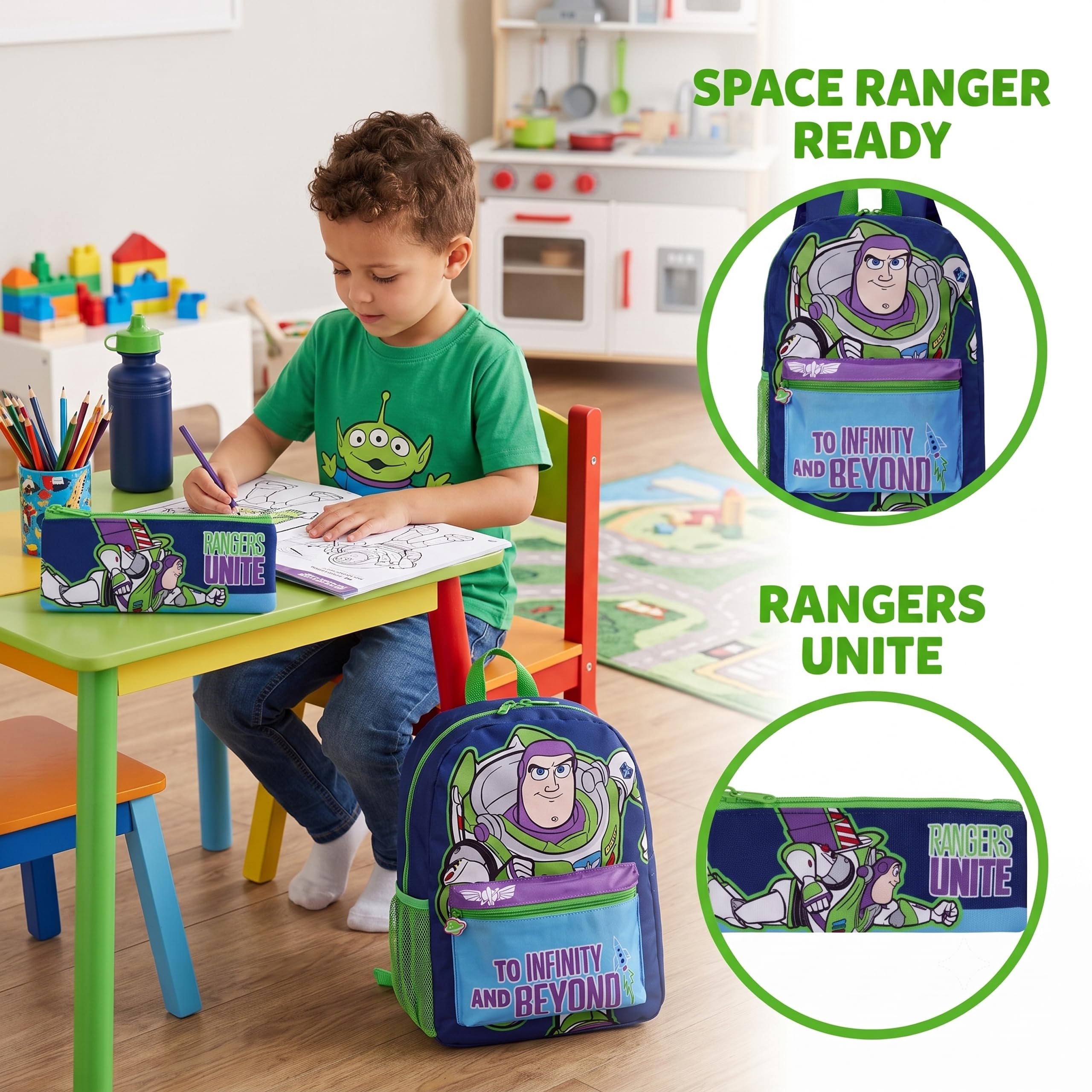 Disney Toy Story Plecak Szkolny Buzz Astral, 4-częściowy Zestaw z Plecakiem