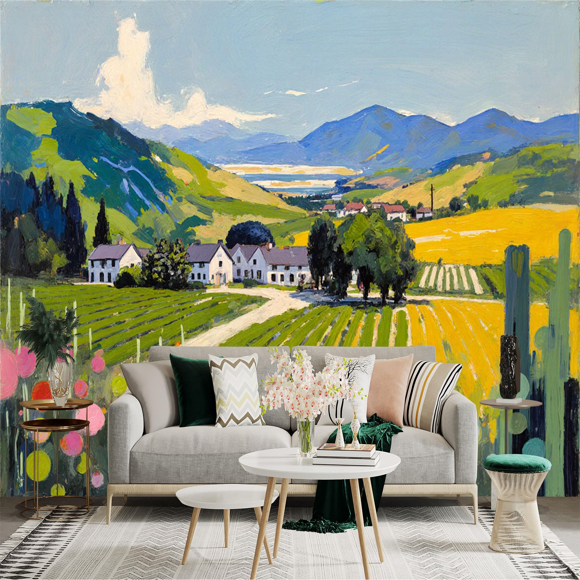 Custom Size Wall Sticker Mural， Countryside Landscape with Farmhouses， Fields， Mountains and Flowers， for wall Decoration， peelandstick wall Decals.