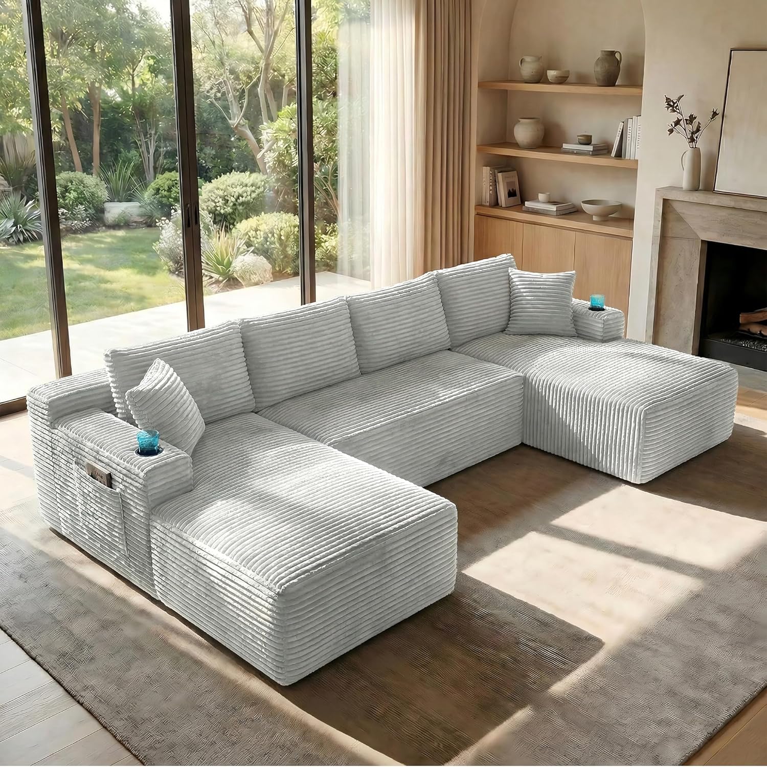 125 Inch Modular Sectional Sofa, Cloud Couch Oversized U Shaped Corduroy Sofa with Storage & Cupholders, Modern Deep Seat Boneless Couches for Living Room, No Assembly Required, Light Grey